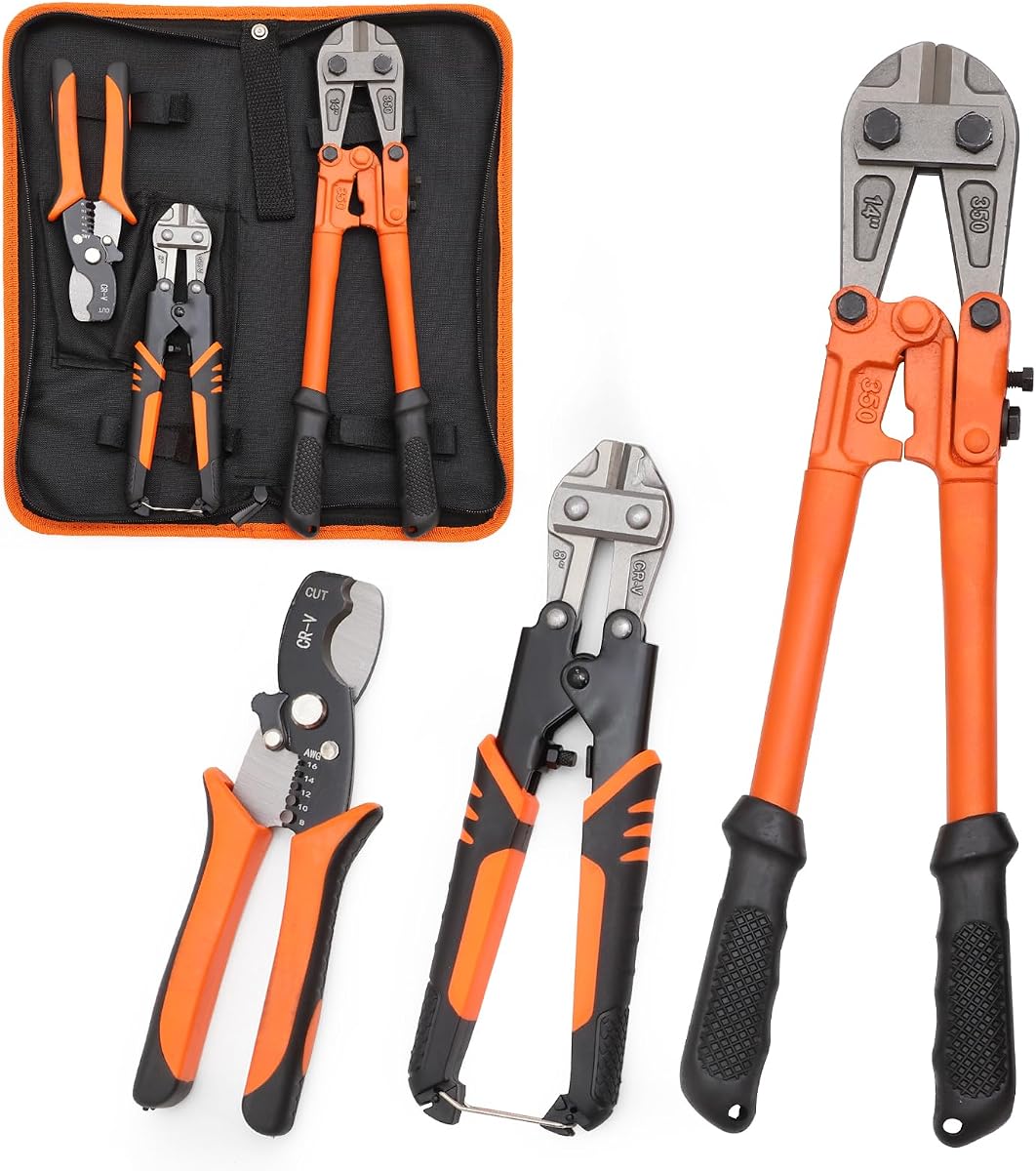 3-Piece Bolt Cutter Pliers Set,14" Heavy Duty & 8" Mini Bolt Cutter,7" Wire Cable Cutter,Ergonomic Handle,More Efficient Leverage for Cutting Locks,Chains,Iron Wire (3Piece)
