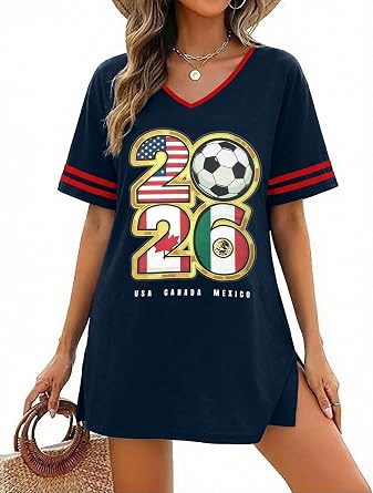Soccer Cup 2026 Shirt Dress Women Soccer Season Dresses Game Day V-Neck Tshirt Dress Casual Short Sleeve Tops