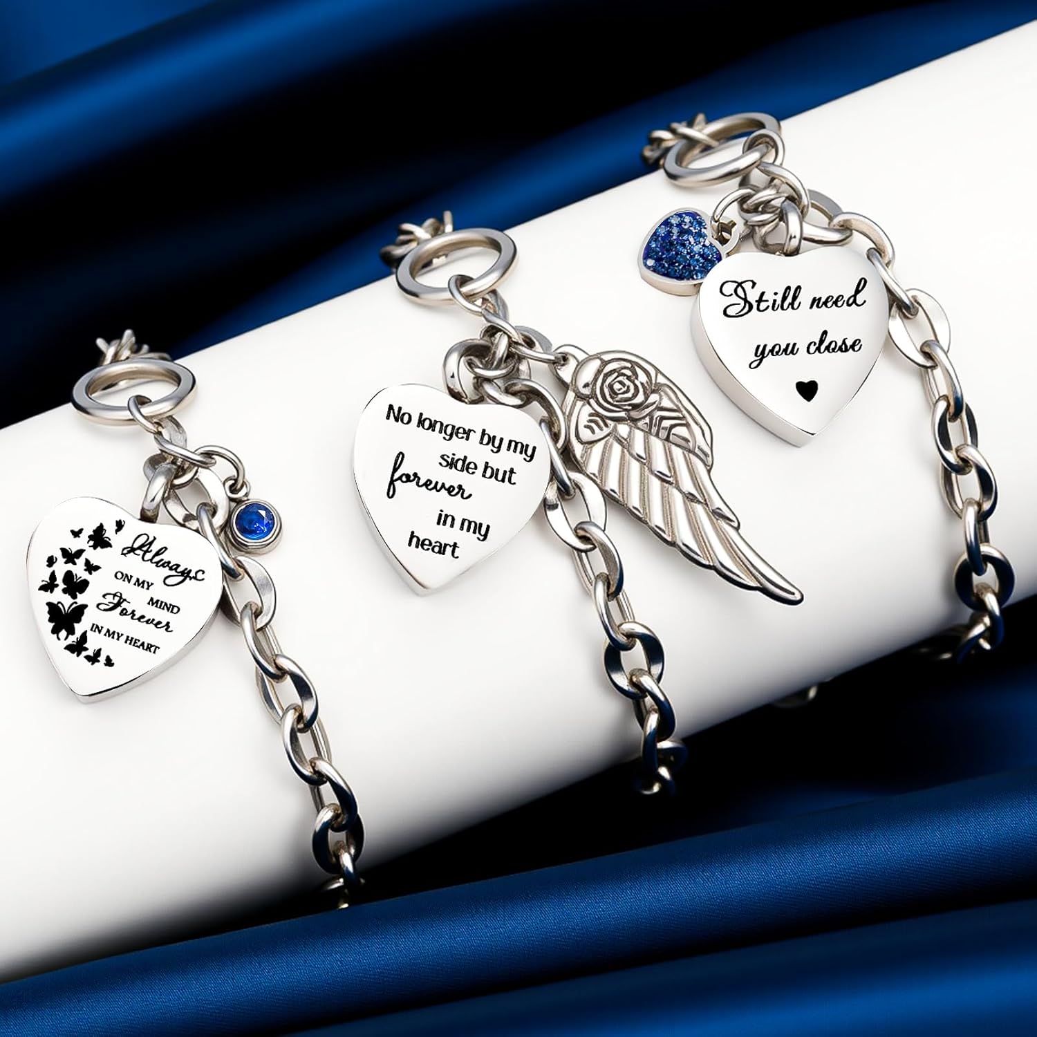 3 Pack Urn Bracelet for Ashes Cremation Ashes Bracelet Memorial Rhinestones Jewelry Heart Locket Holder with Different Words Stainless Steel Urns Bangle Keepsake for Women Men - Image 3