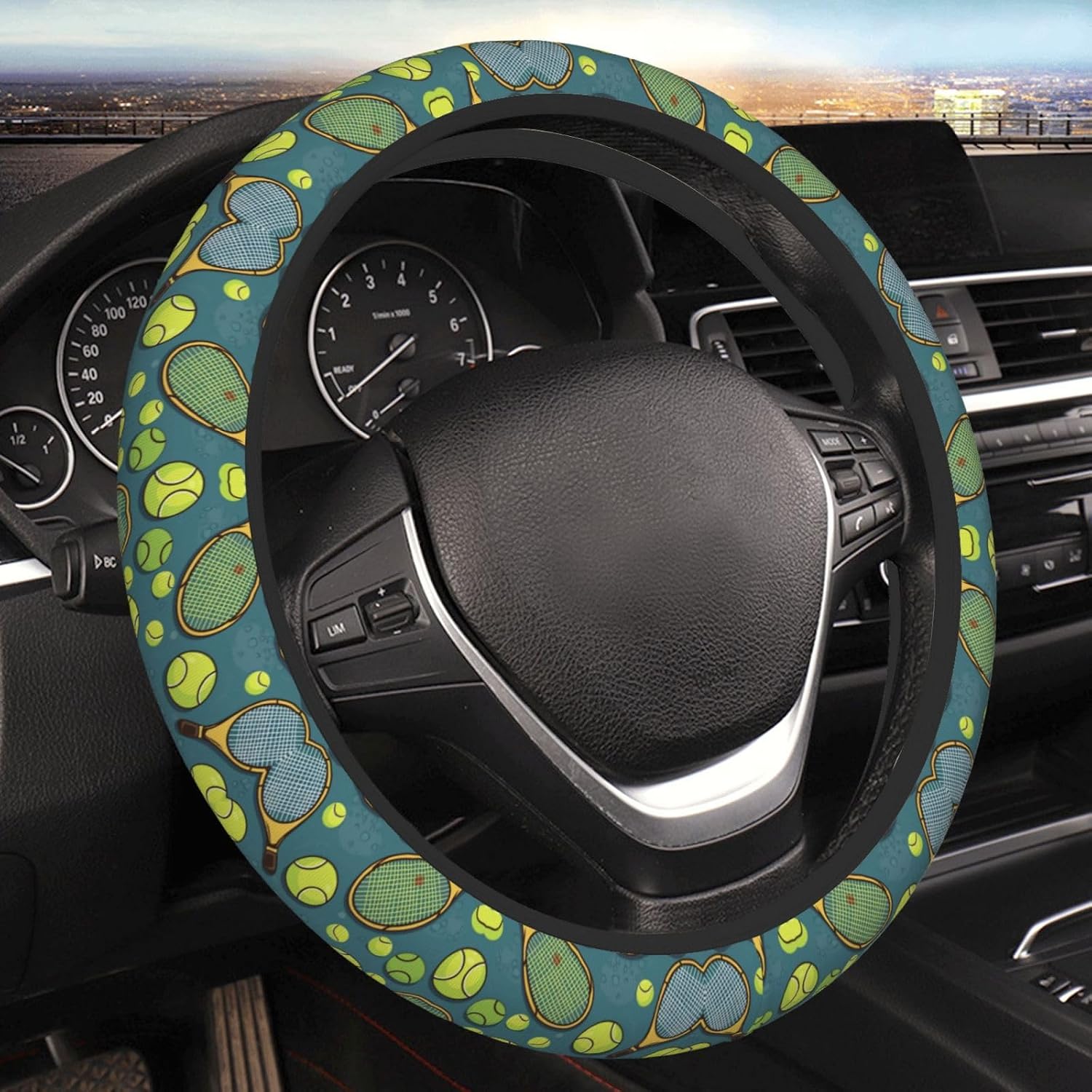 Car Elastic Steering Wheel Cover Universal 15 Inch Vehicle Stretch Steering Wheel Cover Protector Tennis Racquets and Tennis Balls Auto Protective Cover Novelty Car Interior Accessories for Men Women