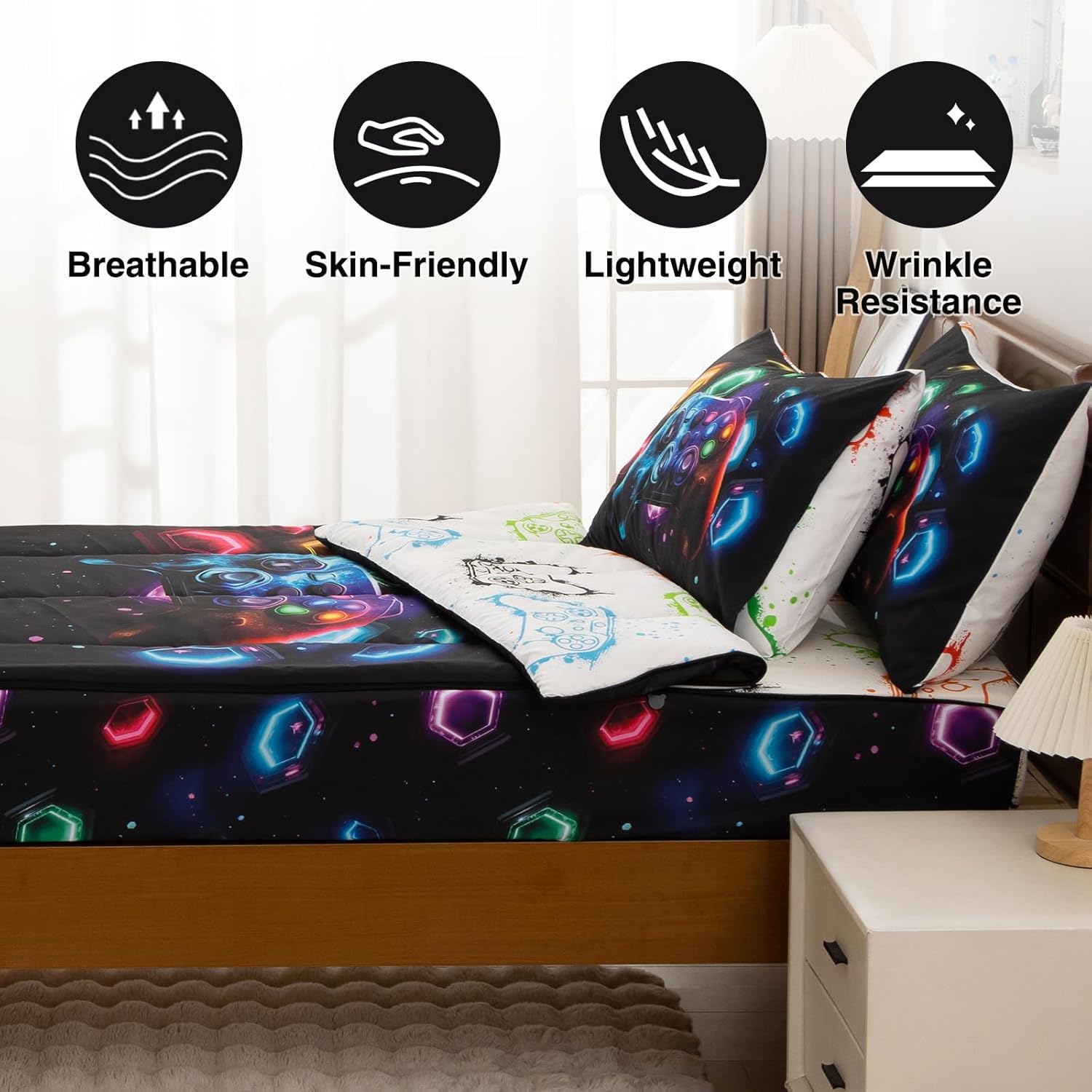 A Nice Night Kids Game Console Zippered Comforter Set - Zipper Bedding for Boys Outer Space Gaming Galaxy Theme, Twin - Image 3