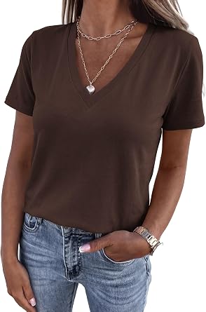 KIRUNDO V Neck T Shirts for Women Summer Tops Oversized Spring Short Sleeve Casual Basic Tees Tunic Blouse Fashion Clothing