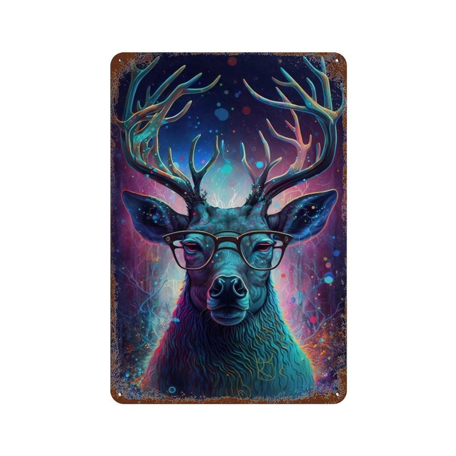 Stylish Deer with Glasses Art Print Weathered Tin Sign 11.8"x7.9", Decorative Metal Wall Art for Garage, Bar And Workshop Decor