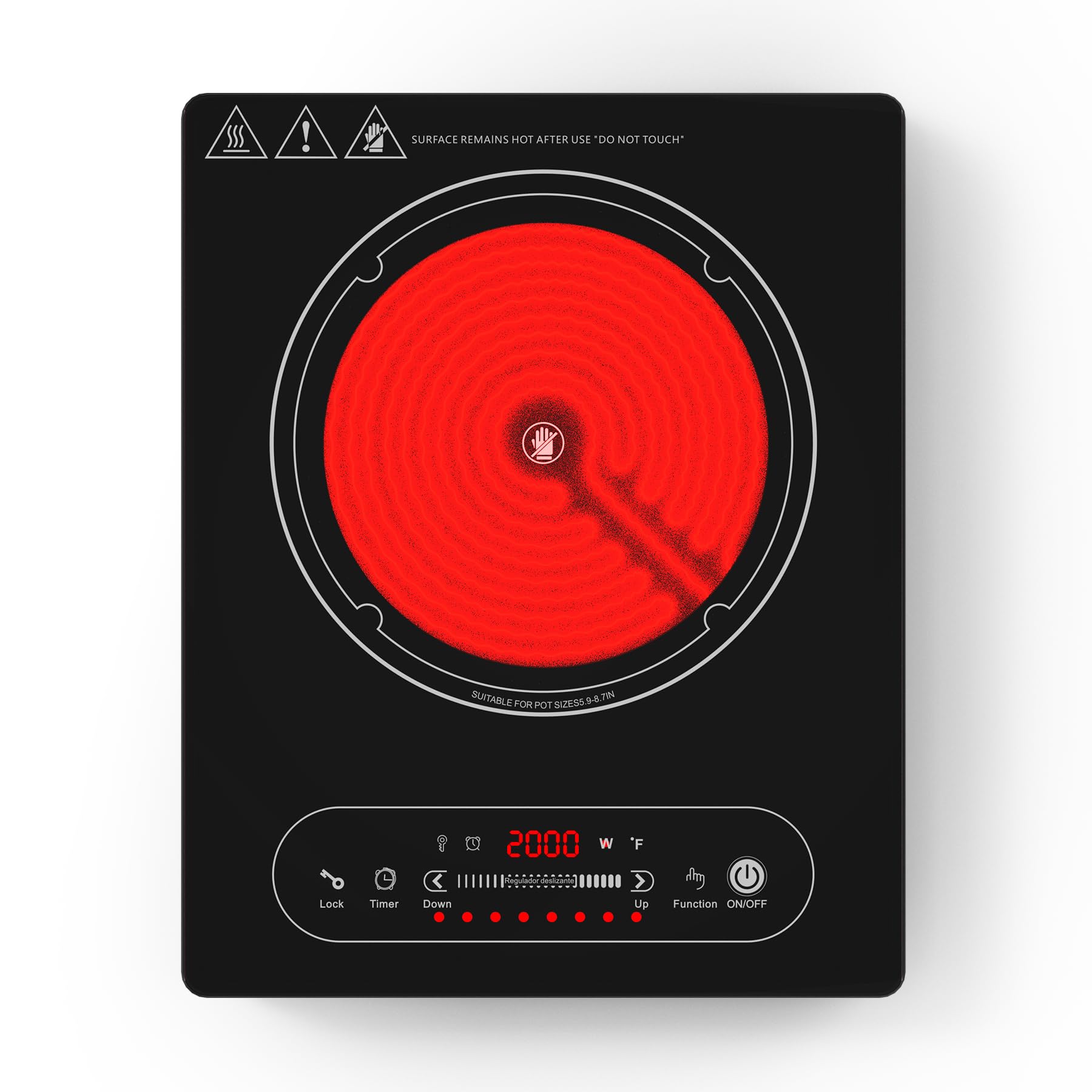 VBGK vitro portatil 1 fuego，220V 2000W placa vitroceramica con control táctil LED, 10 niveles de potencia, temporizador de 4 horas, bloqueo de seguridad y protección contra sobrecalentamiento.