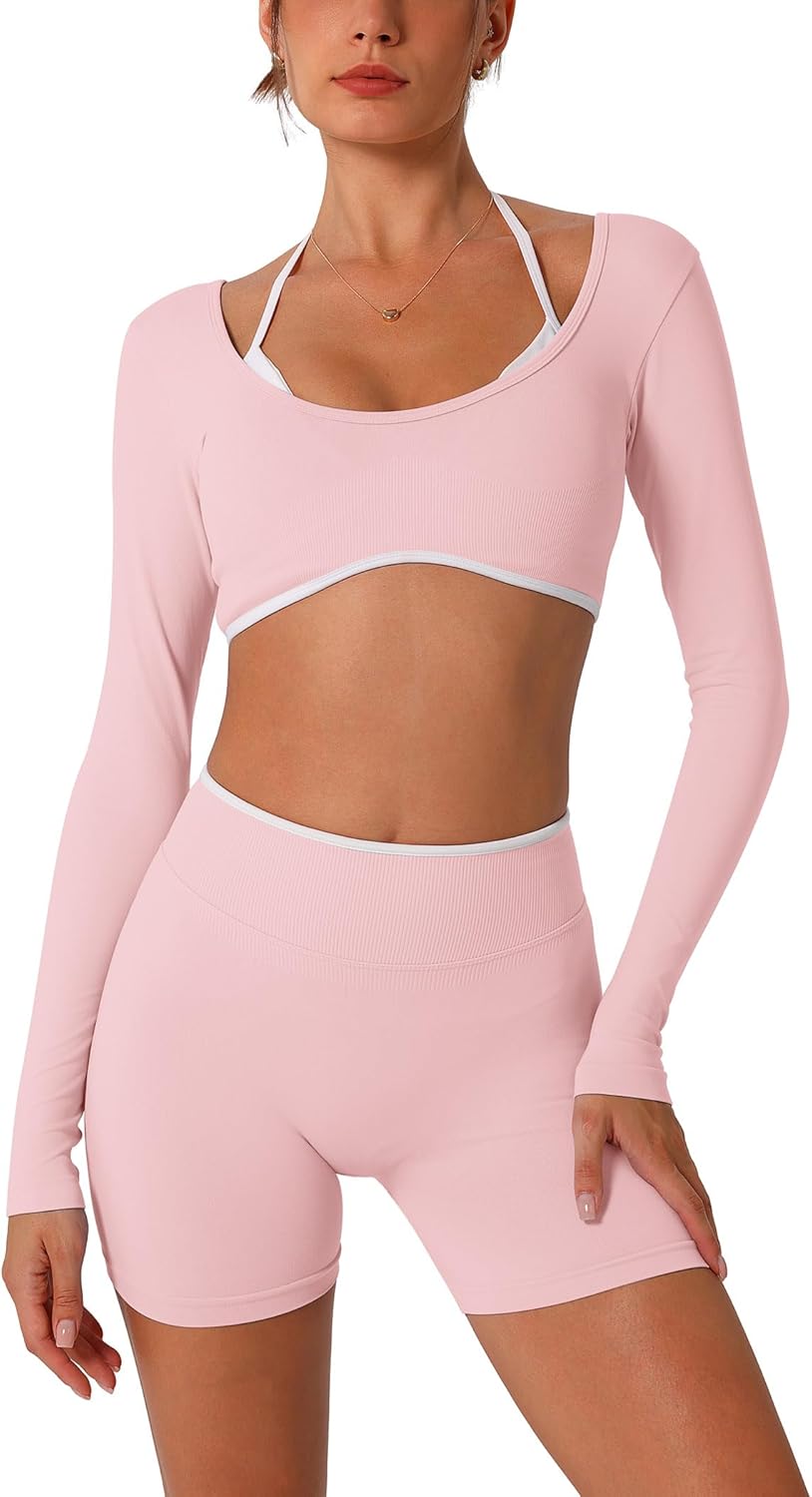 ABOCIW Workout Sets for Women 2 Piece Seamless Color Block Long Sleeve Crop Top Scrunch Butt High Waist Shorts Gym Set