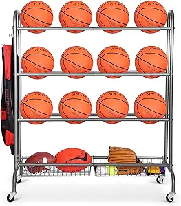 FHXZH Ball Storage Garage, Basketball Racks, Ball Holder, Rolling Sports Equipment Storage Cart with Baskets and Hooks, Garage Sports Equipment Organizer with Wheels