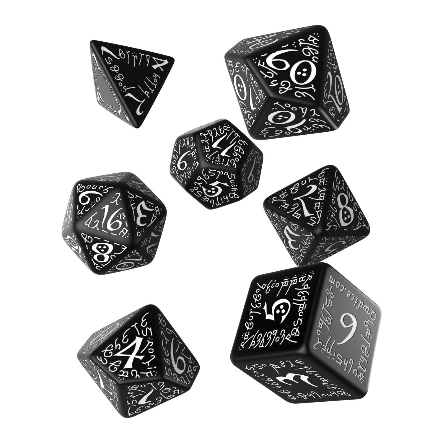 Q Workshop Elvish Black & White Rpg Ornamented Dice Set 7 Polyhedral Pieces