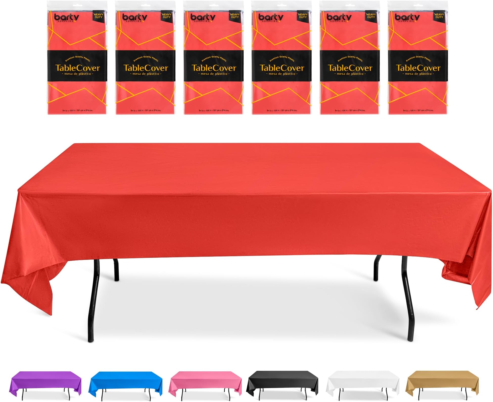 Red Plastic Tablecloth for Parties Disposable Pack of 6, Thick Red Tablecloth Plastic Good for Wedding, Birthday, Picnic, also 12 Clips for red disposable tablecloths rectangle tables - 54x108-in