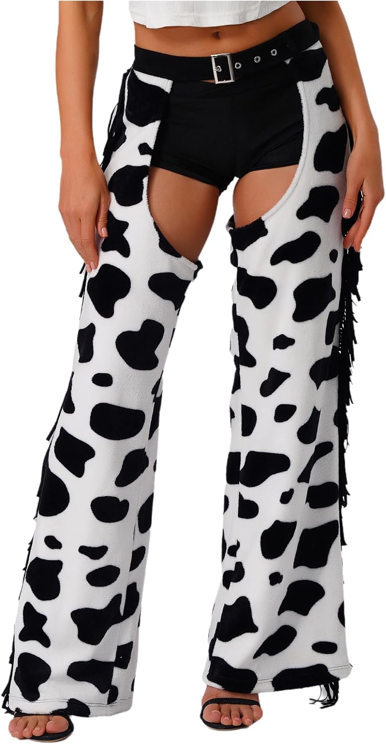 Lejafay Womens Cowboy Chaps Cow Print Trousers Halloween Western Chaps Biking Riding 60s 70s Outfits