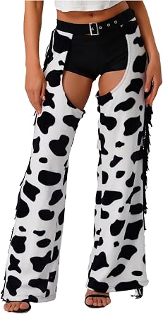 Lejafay Womens Cowboy Chaps Cow Print Trousers Halloween Western Chaps Biking Riding 60s 70s Outfits