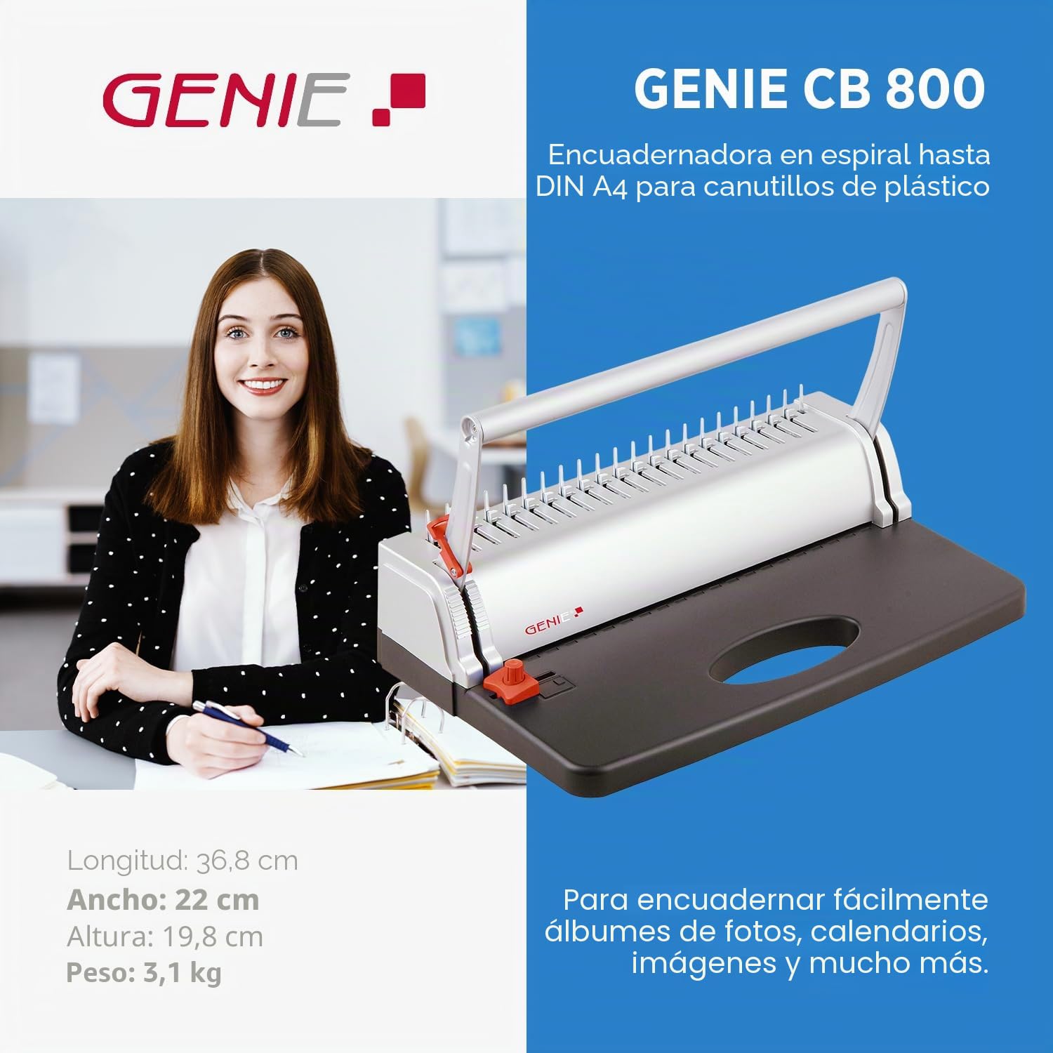 Genie Encuadernador en espiral CB 800 (hasta 145 hojas; DIN A4; incluye juego de encuadernación de plástico) plateado/negro
