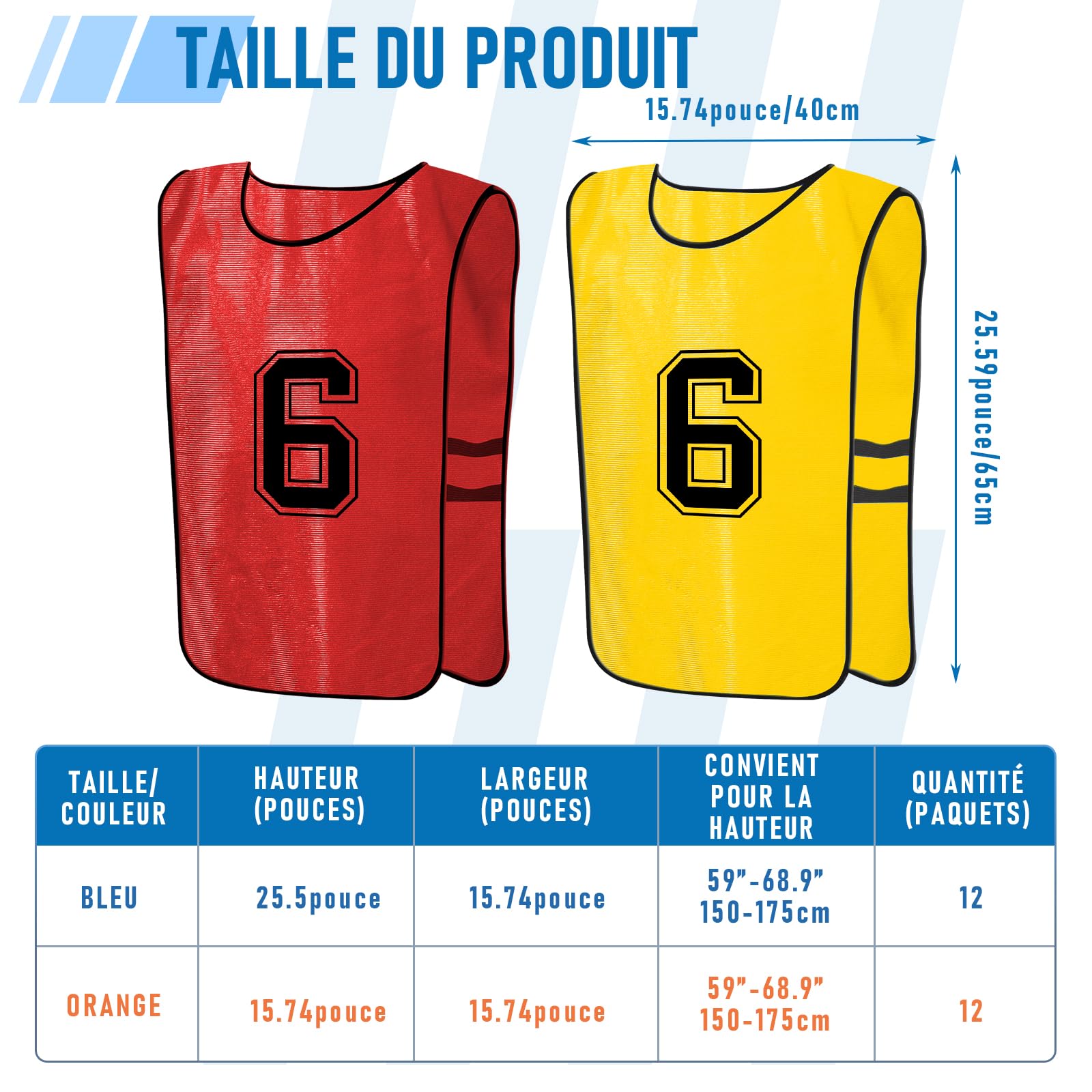 Lot de 24 Chasubles de Sport Numérotées 1 à 12, 65 x 40 cm