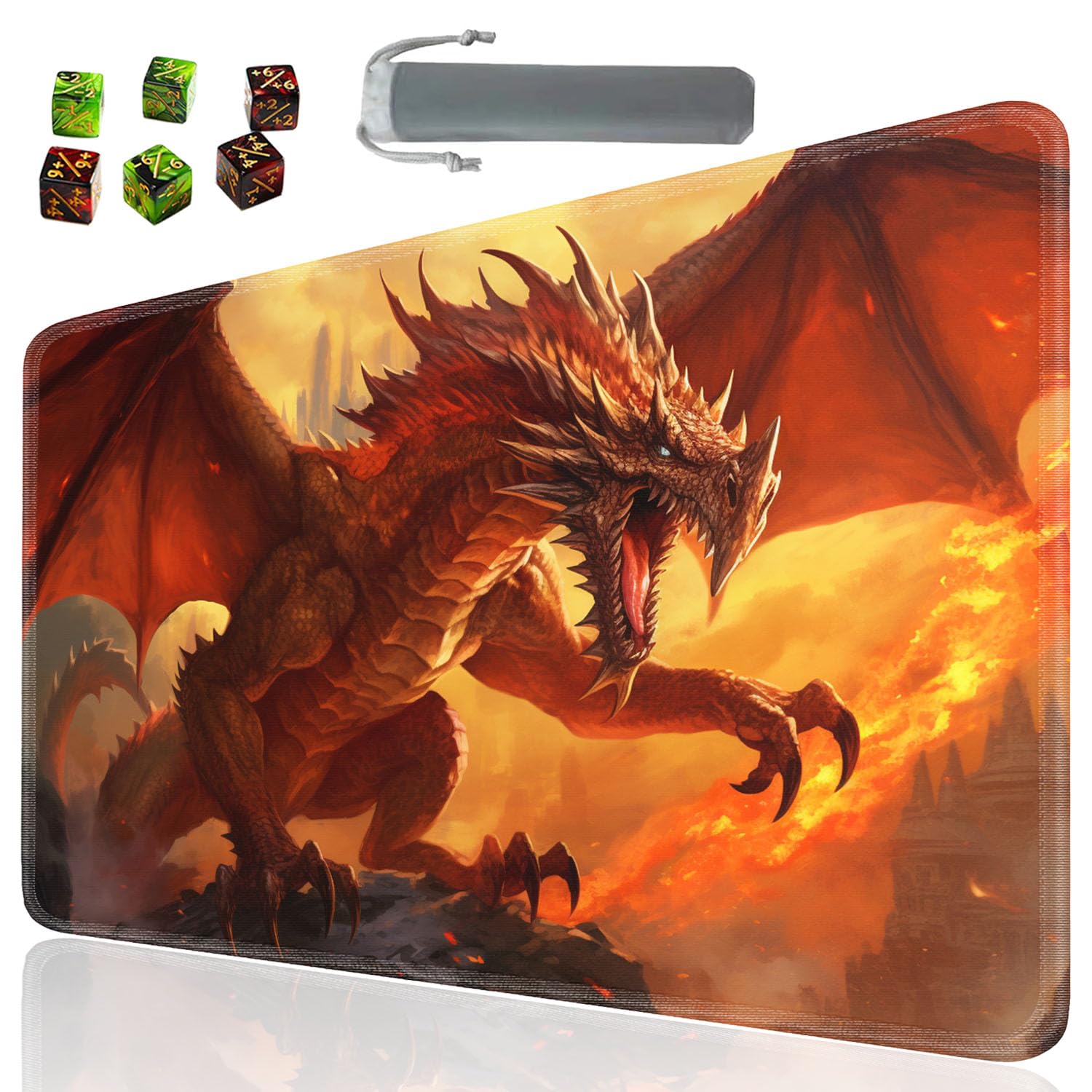 SOTWONSO Board Game for TCG Playmat Table Mats Games Size 60X35 cm Mousepad Compatible for MTG RPG CCG Trading Card Game Play mats with 6 Dice (Playmat 7) Red Dragon 1
