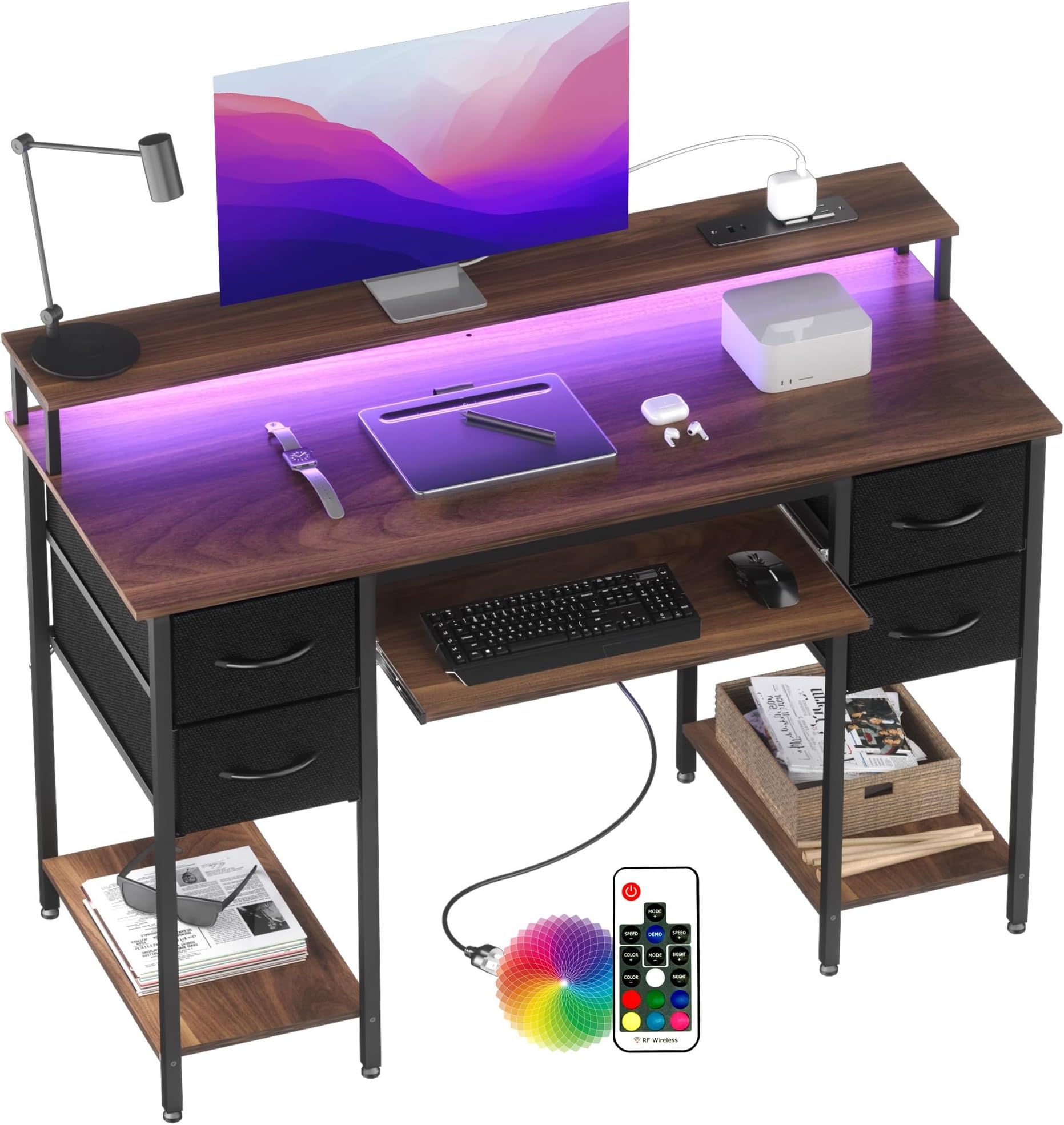 BEXEVUE120x50 Office Desk with LED & Power Outlets, Computer Table with Keyboard Tray, Modern Gaming Desk with 4 Reversible Drawers, Large Storage Shelf Workstation for Study, Home Office, Walnut