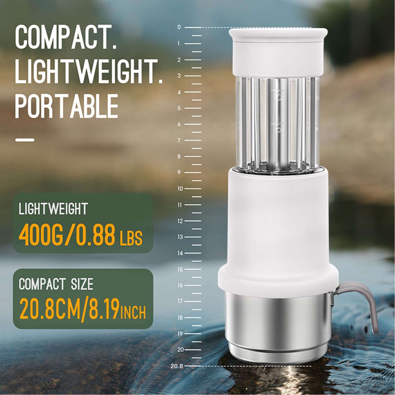 Compacta Prensada a Mano con Tanque de Agua de 80 Ml y Taza 120 Ml, Portátil para Caminatas y Viajes, Prensa Manual para un Auténtico Sabor a (Blanca)