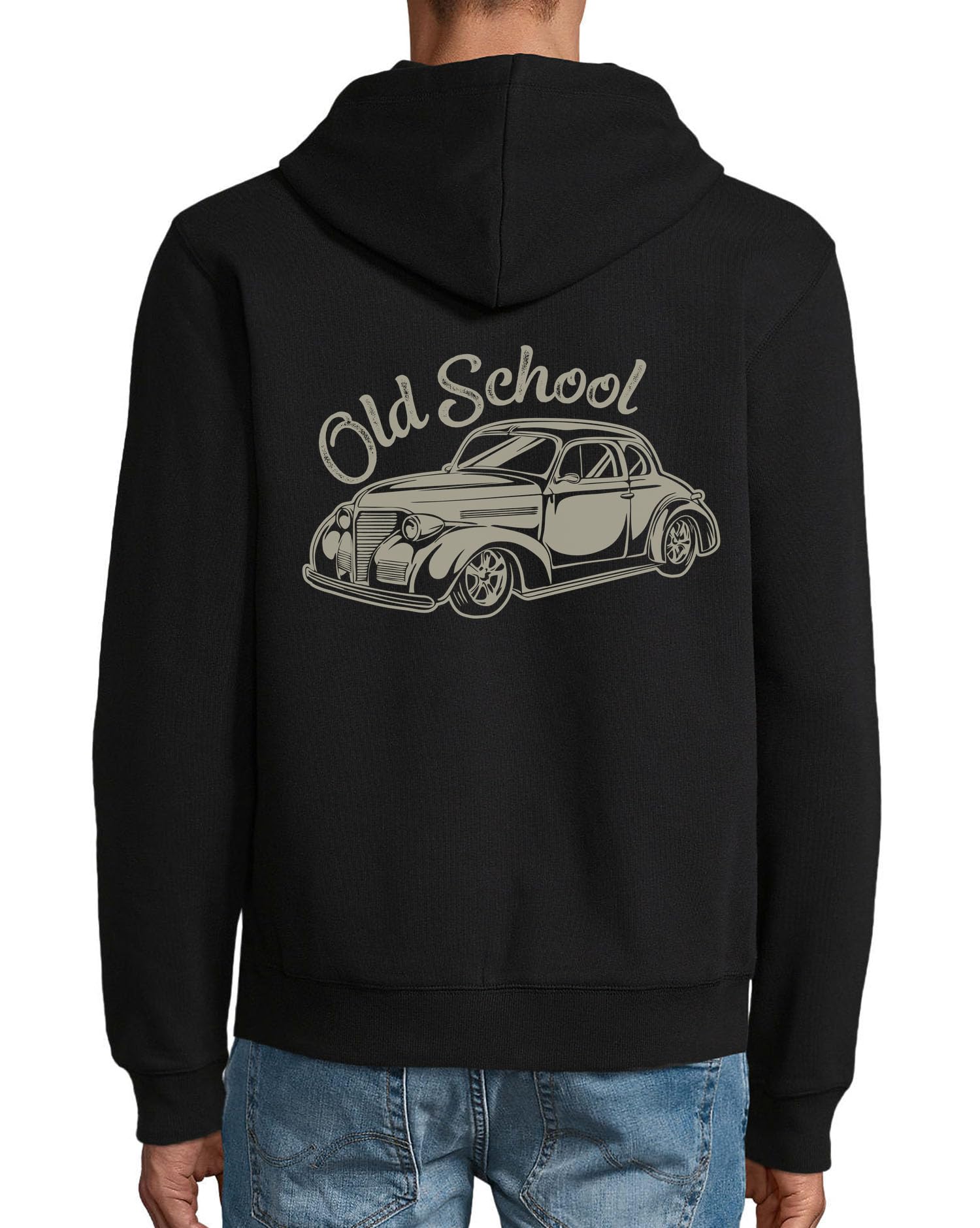 Old School Car Graphic Veste à capuche en coton mélangé avec fermeture éclair Noir