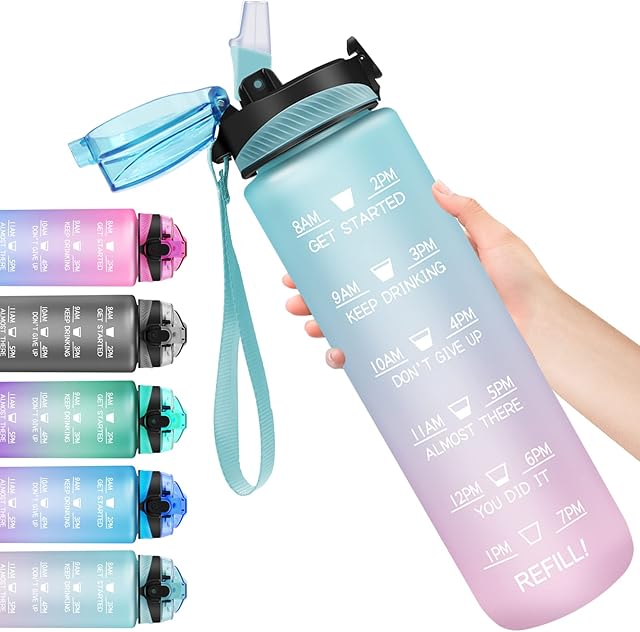1 litre Water Bottle with Straw, Motivational Fitness Sport Water Bottle with Time Maker, Leakproof BPA-free Tritan Drink Bottle for Outdoor, Cycling, Gym, School & Office (Green Pink)