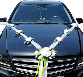 Weiße Hochzeit Autoschmuck Motorhaube, Brautschmuck Auto Girlande, Seidenblumen für Hochzeitsauto, Blumenschmuck Deko für Brautauto, Hochzeit Auto Deko