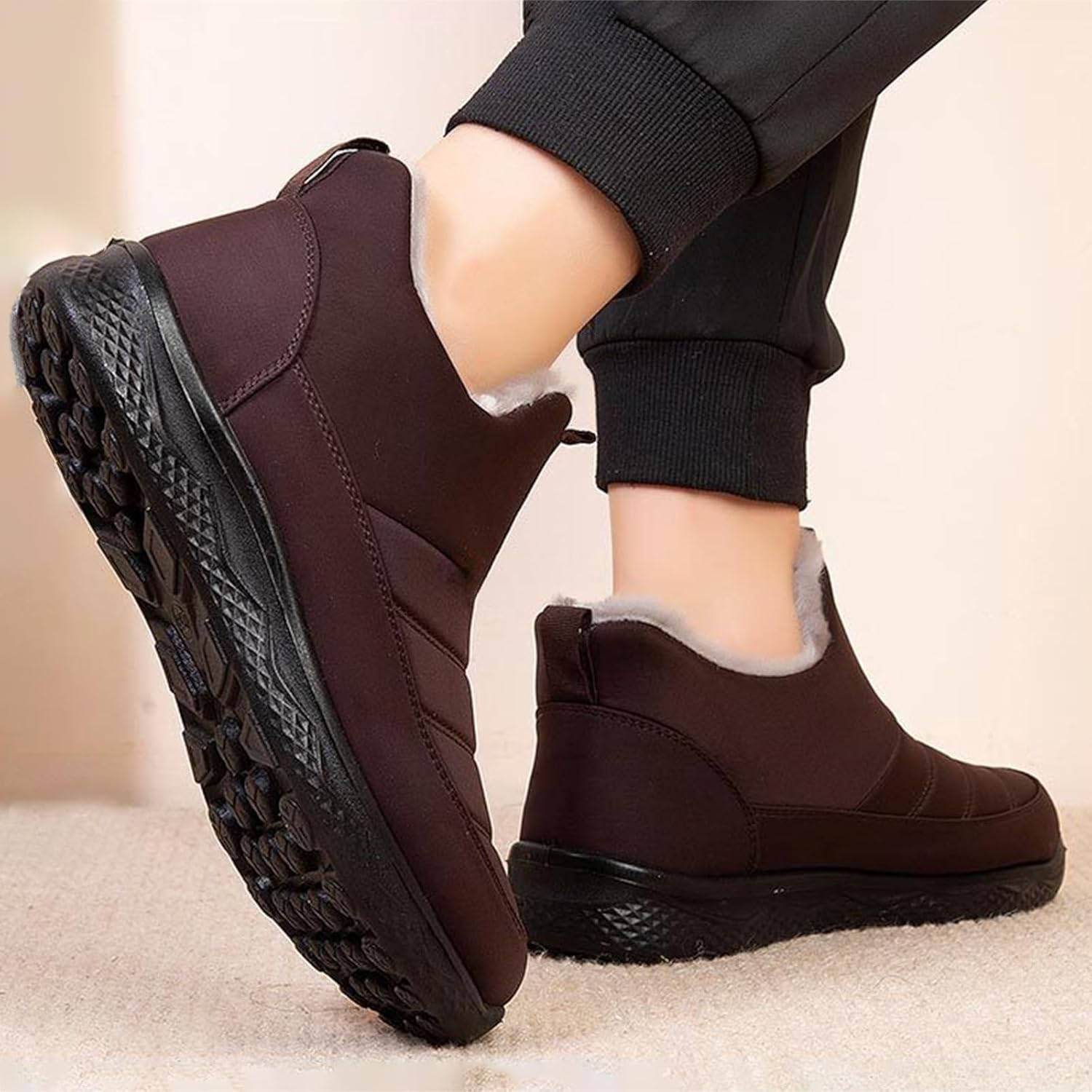 Women Ankle Snow Boots Platforms Furry Lined Winter Warm Booties Leather Cloth Chunky Heels Round Toe Waterproof Arch Support Lightweight Soft Outdoor Slip On Hiking Sneakers Non Slip Walking Shoes