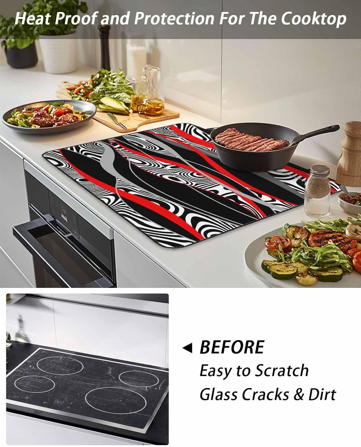 Stove Top Cover Abstract Lines Stove Cover for Electric Stove Top Red Black Geometric Glass Cooktop Covers Anti-Slip Mat Heat Resistant Countertop Protector Kitchen Decor 31"x24"