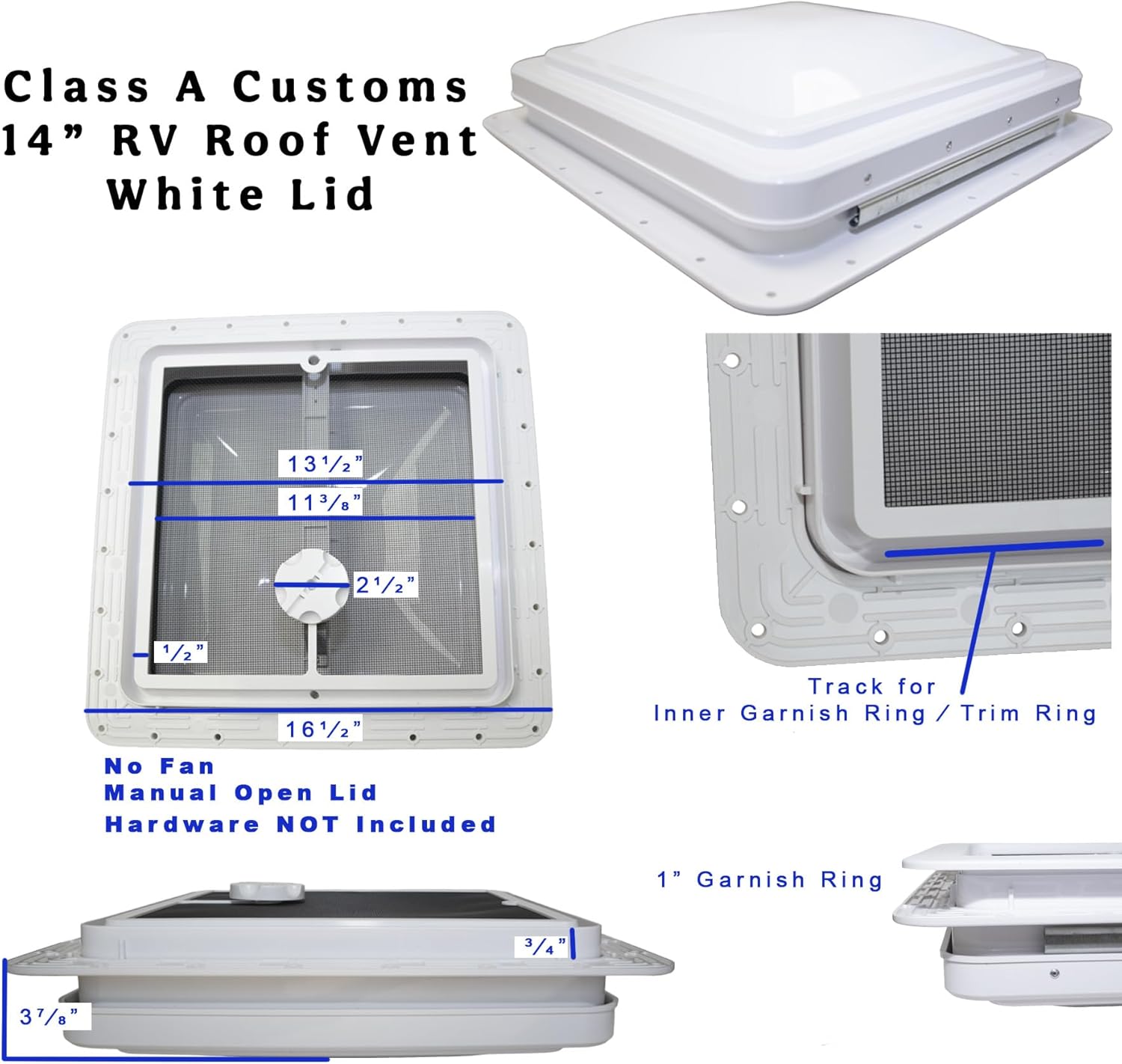 classAcustoms 81111-1G | 14" RV Roof Vent | 1" Garnish Ring | Non Powered | White Lid | Manual Crank | for RV's | Cargo Trailer | Camper and Motorhome (16.5" X 16.5" Outter / 14" X 14" Mounting Hole)