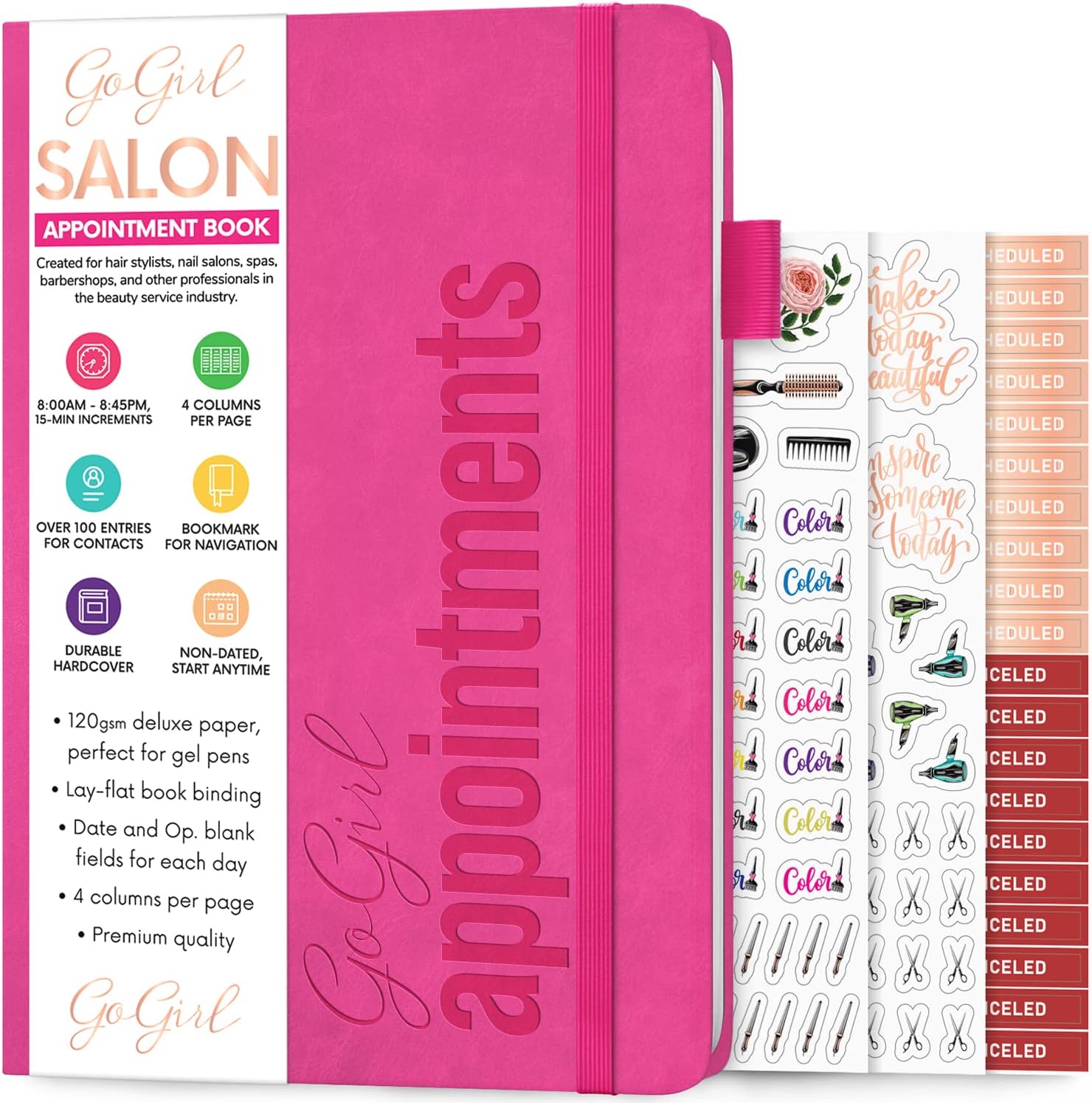 GoGirl Salon Appointment Book – Reservation Book for Beauty Salons, Spas, Hair Stylists, Estheticians – Appt Booking Planner, 7x10″ (Hot Pink)