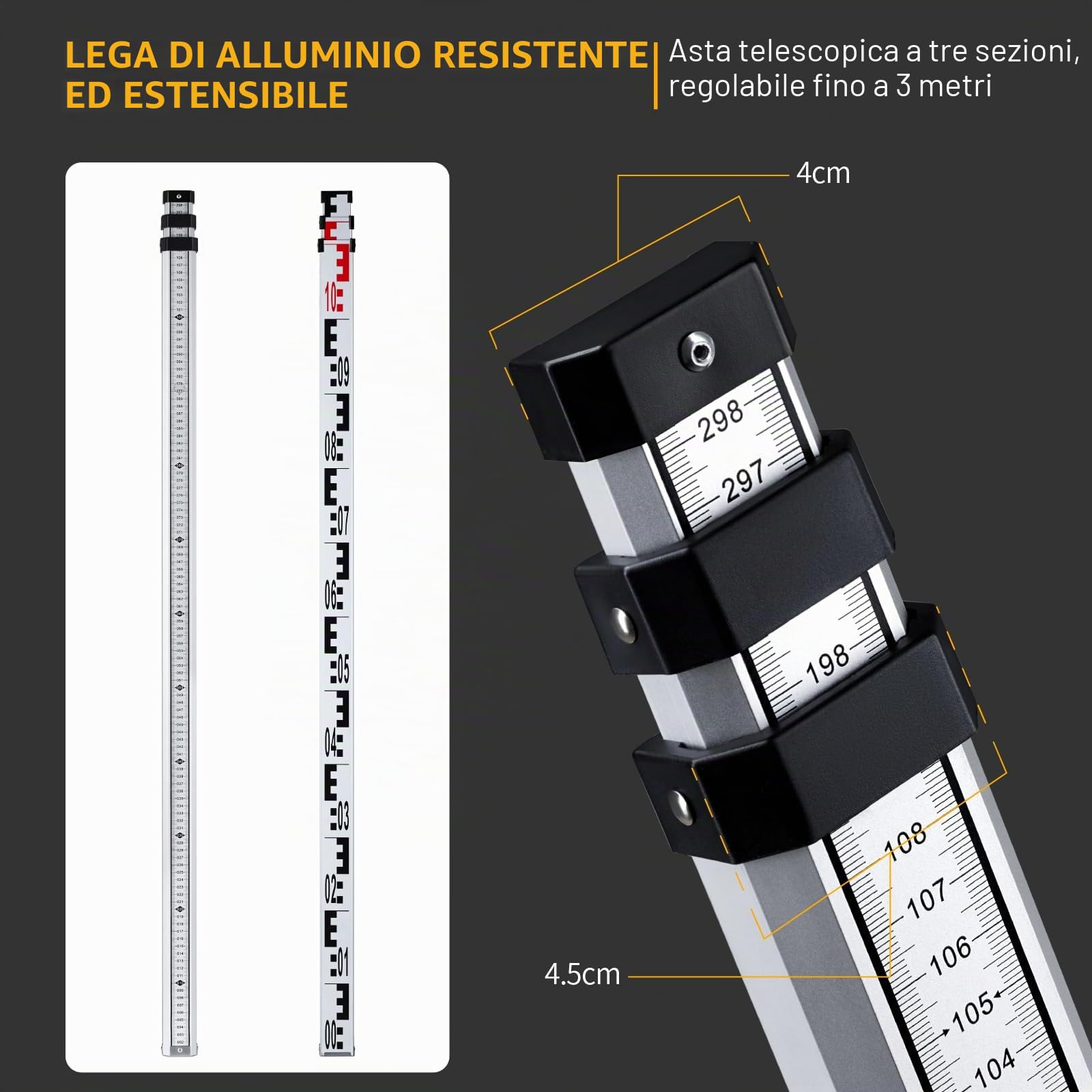 Firecore Asta di livellamento telescopica da 3 m, aste di misurazione in alluminio per laser a linee incrociate, asta di misurazione con borsa in nylon, lunghezza 3 m in 3 segmenti, divisione cm/mm)