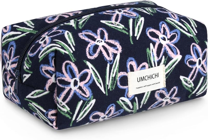 Necessaire de maquiagem Umchichi em poliéster, azul-marinho floral, com zíper