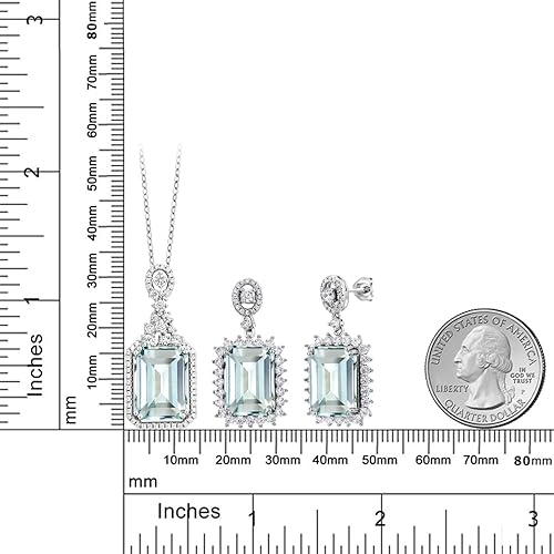 Miniatura 4 de Gem Stone King Juego de joyas de 21.02 quilates con dije y aretes de aguamarina simulada azul cielo para mujer en plata de ley 925 corte esmeralda