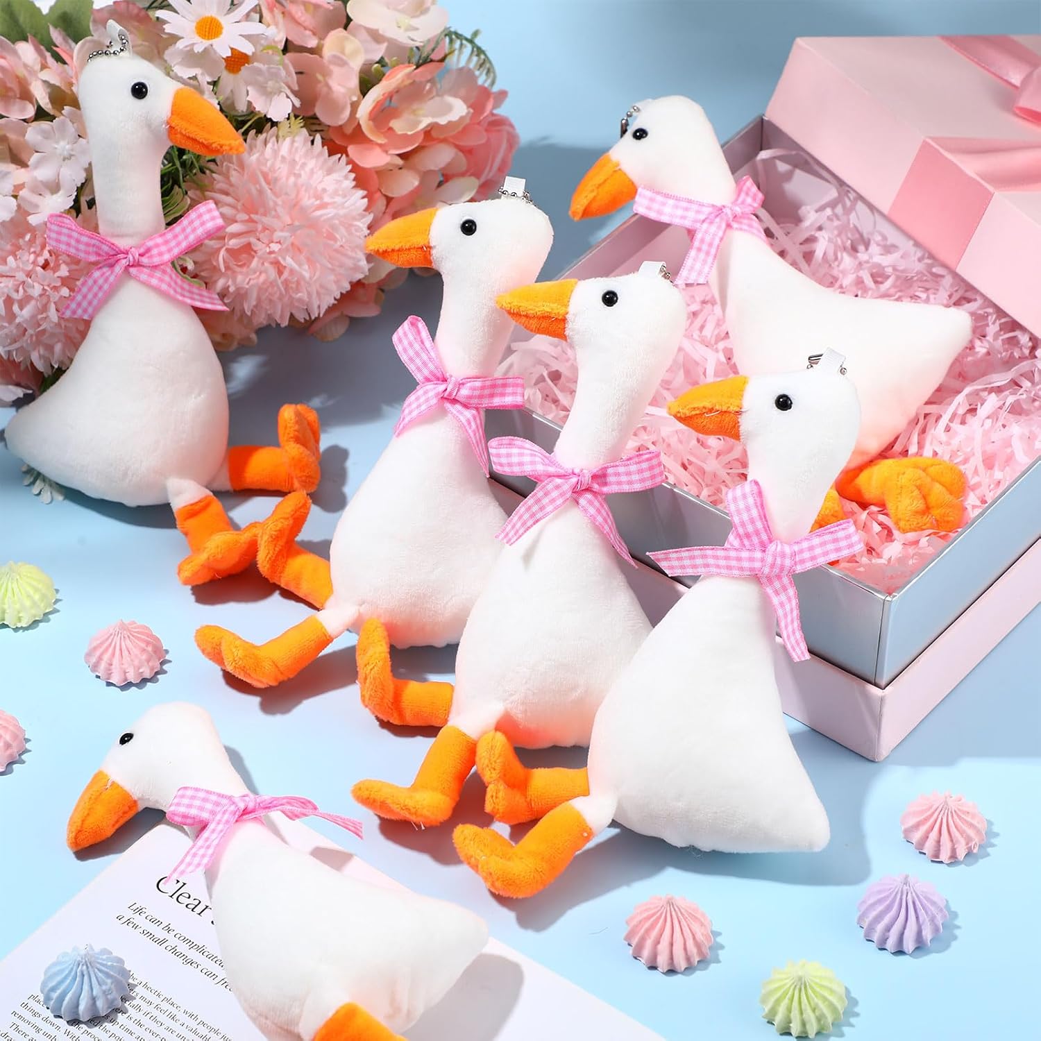 RoundFunny 12 Pcs One Silly Goose Stuffed Animal 6 Inch Adopt a Goose Gift White with Collar Soft Stuffed Funny Duck Gift for Birthday Supplies Decorations (Pink Ribbon)