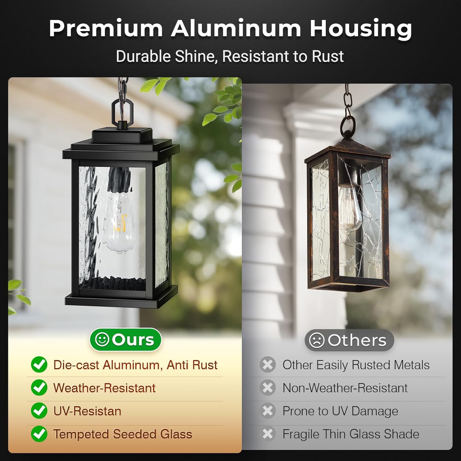 VIANIS Large Anti-Rust Outdoor Chandelier with Adjustable Wire, Black Pendant Light with Water Glass for Porch, Garden,Garage, Easy-to-Install Outdoor Hanging Lantern Suiting for Sloped Ceiling