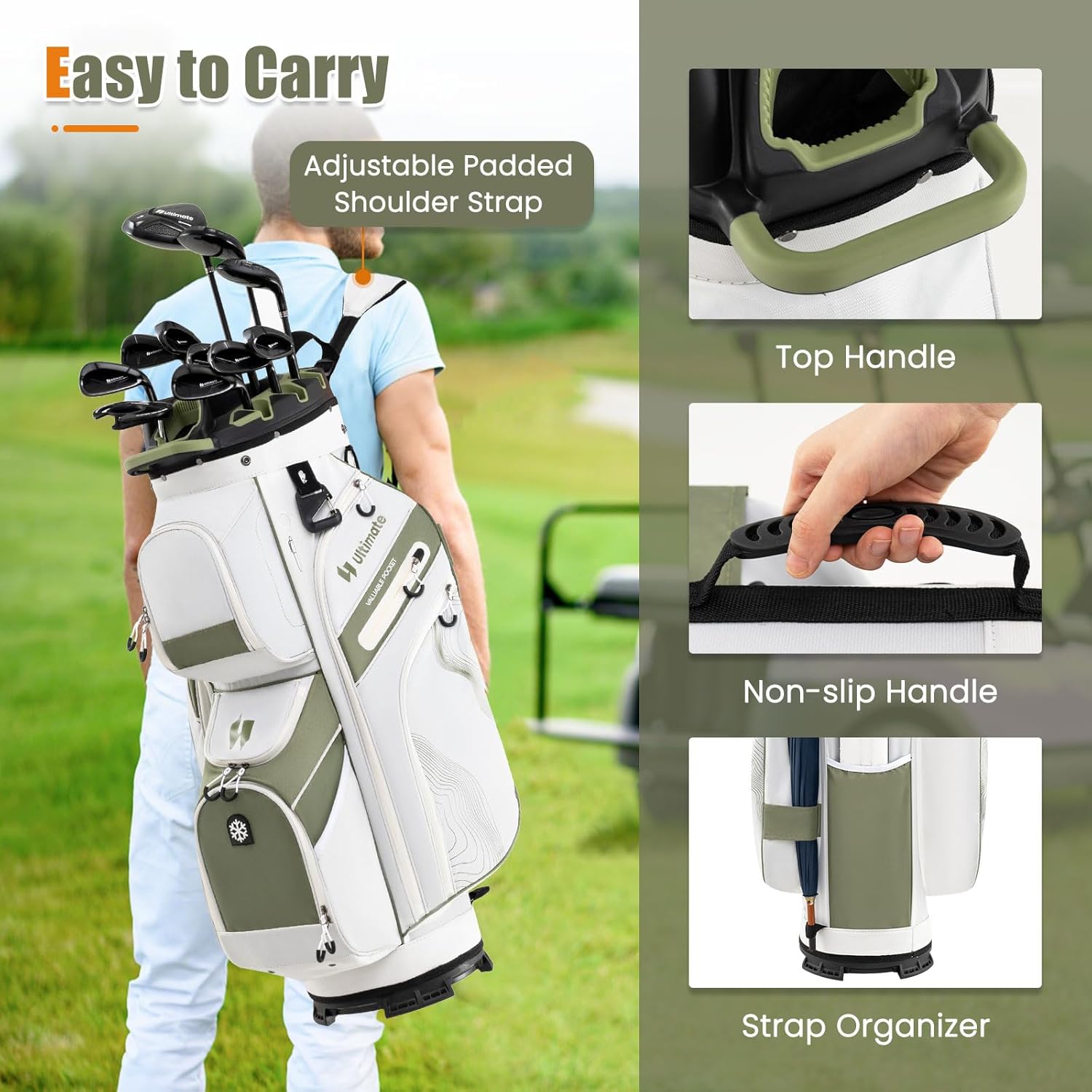 ULTIMATE 14-Way Golf Cart Bag, Golf Bag w/Molded Lock Top & Full Length Dividers, Portable Golf Club Bag w/11 Pockets, Cooler Bag, Padded Strap & Rain Hood for Men Women