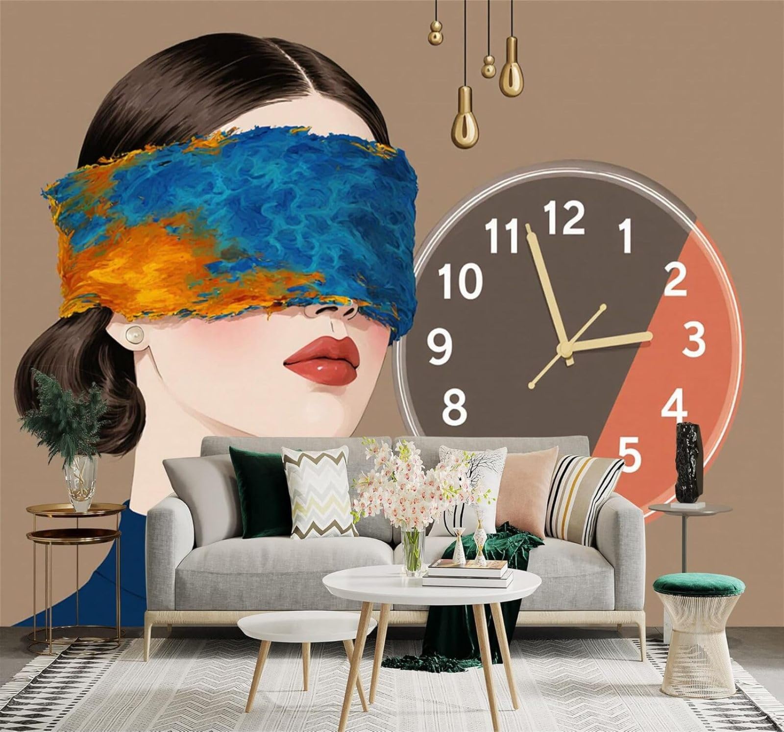 3D Papel Pintado Abstracto Mujer Con Un Antifaz De Colores Reloj Arte