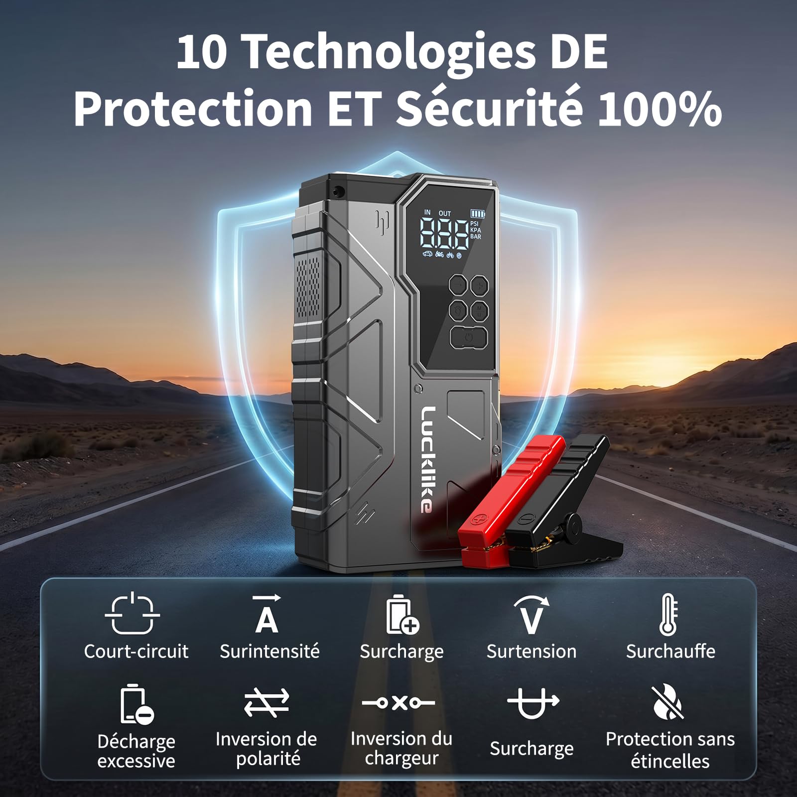 LUCKLIKE W210 Booster Batterie Voiture avec Compresseur, Démarreur Batterie Voiture, 150PSI Gonfleur, 12V Jump Starter Tout Gaz ou 10L Diesel, Écran LCD, Eclairage de Secours, Banque d'alimentation