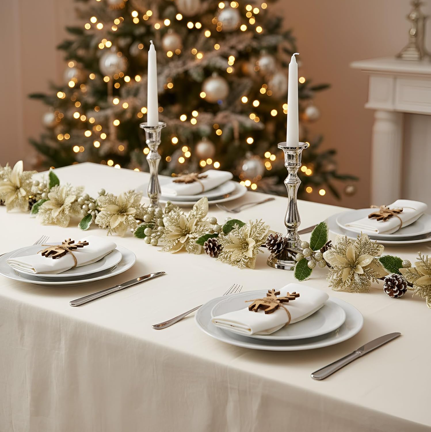 Syhood 6.5ft Prelit Poinsettia Flower Garland Valentine's Day Decor Artificial Lighted Garland Battery Operated Glitter Berries Leaves for Christmas Mantle Home Indoor Outdoor Decor(Champagne,1 Pcs) - Image 4