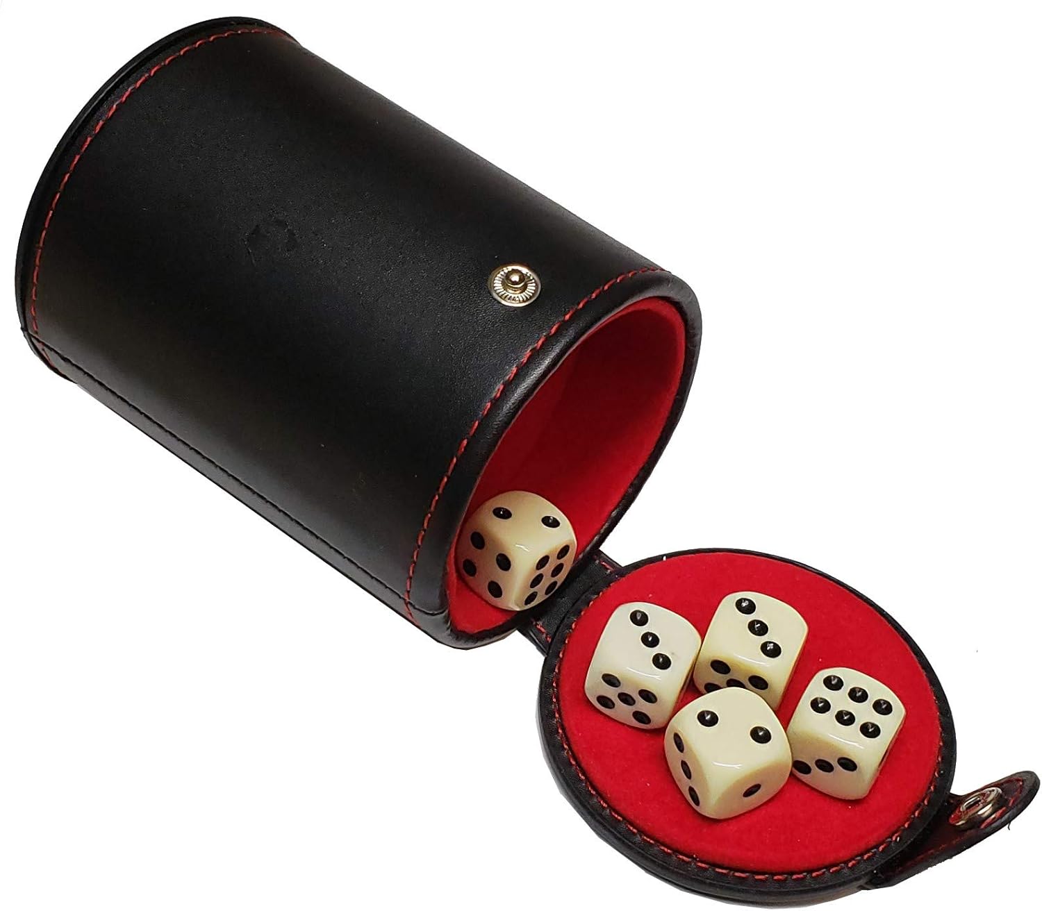 Cyber-Deals Set of Dice Cup with Storage Compartment Black PU Leather Red Felt Lined + (5) 16mm Poker Dice (Gift Boxed) (Pip/Dot Dice (Rounded Corners) - Ivory)