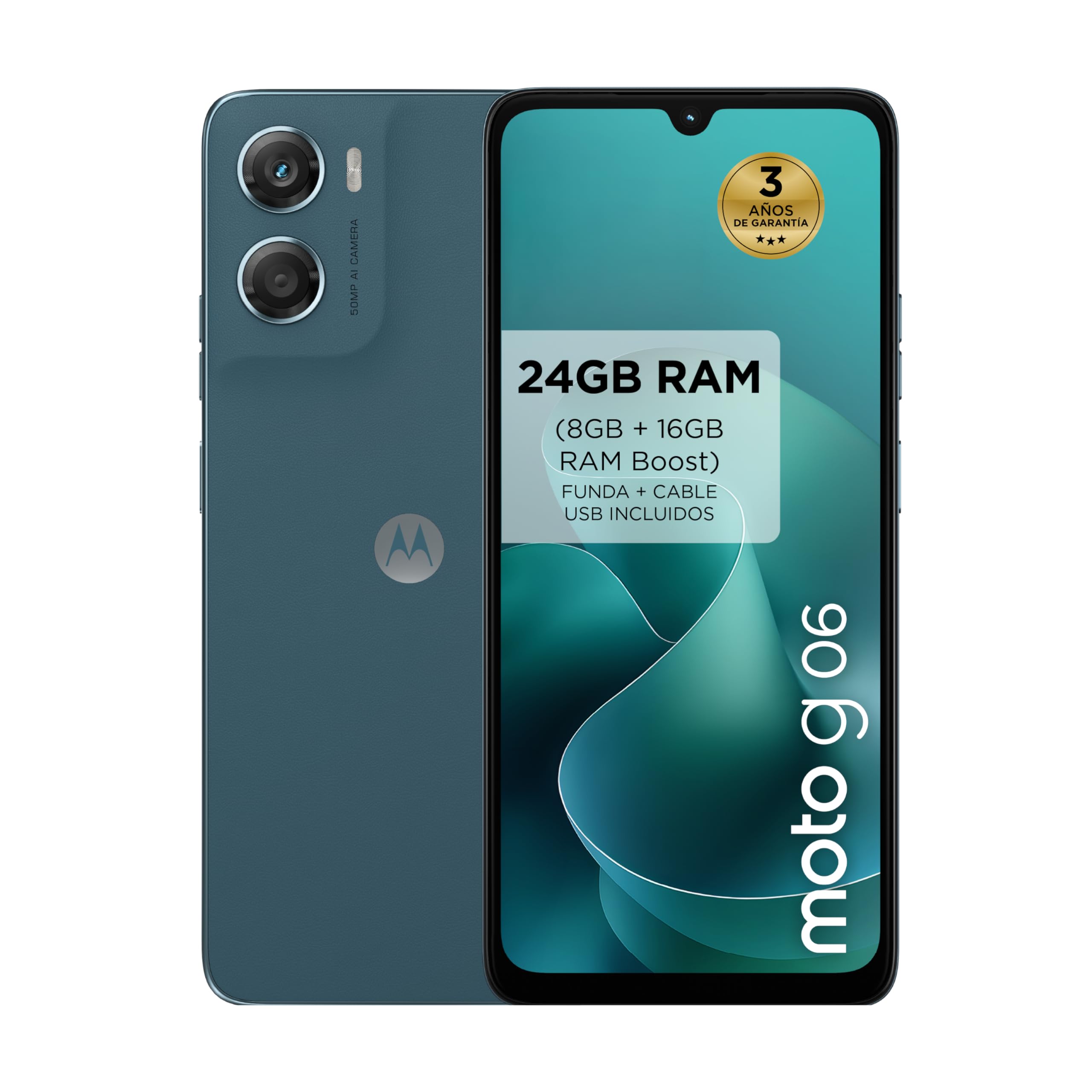 moto g06 24GB (8GB+16GB RAM Boost)/256GB color PANTONE TAPESTRY, Gran pantalla 6.88″ con sonido Dolby Atmos®, Sistema de cámara con IA de 50 MP, Protección contra el agua IP64, Batería de 5100 mAh