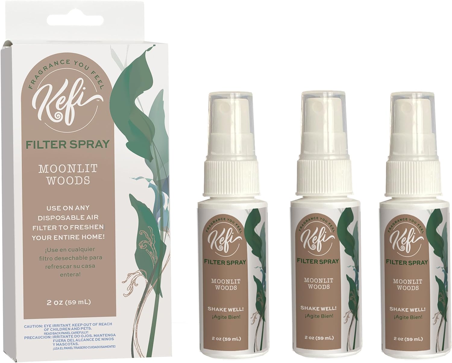 Kefi Filter Spray, Moonlit Woods Scent 3-Pack, Whole House Air Freshener, Apply to Air Filter - 2oz Spray Bottles