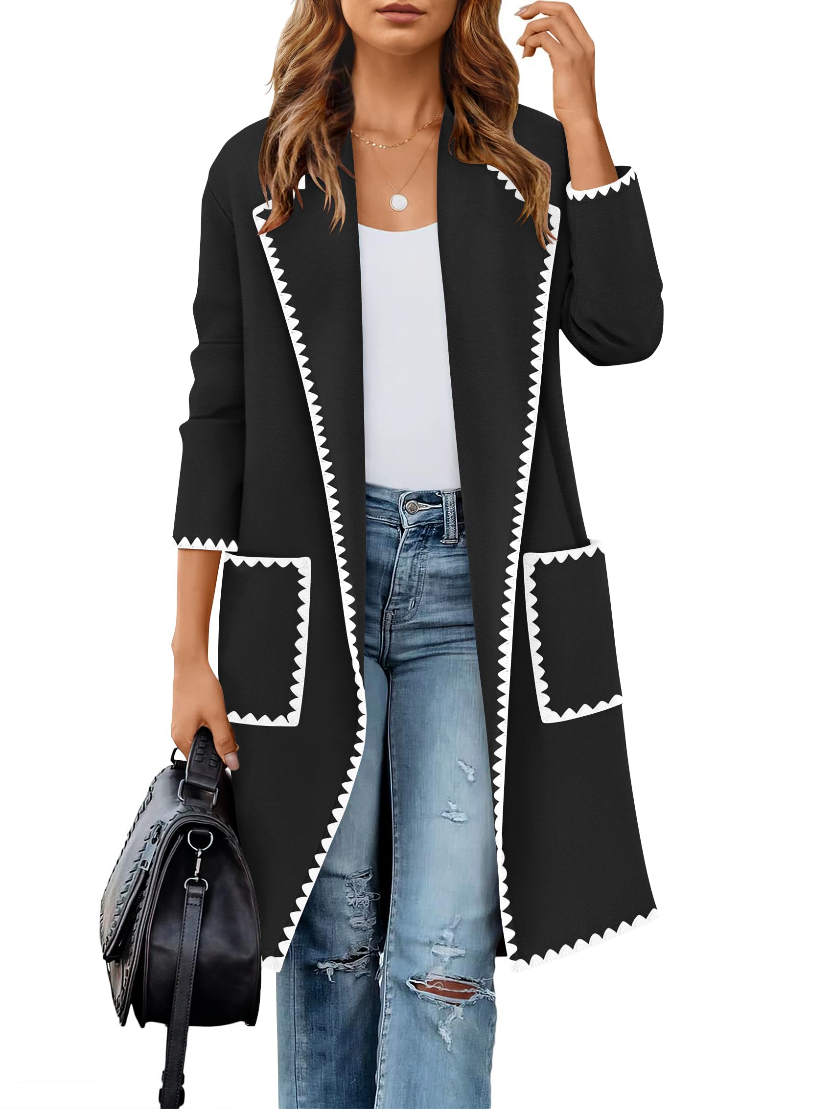 ZESICAWomen's Open Front Long Cardigan Sweater Casual Lapel Coatigan Coat Fall Jacket Outerwear with Pockets