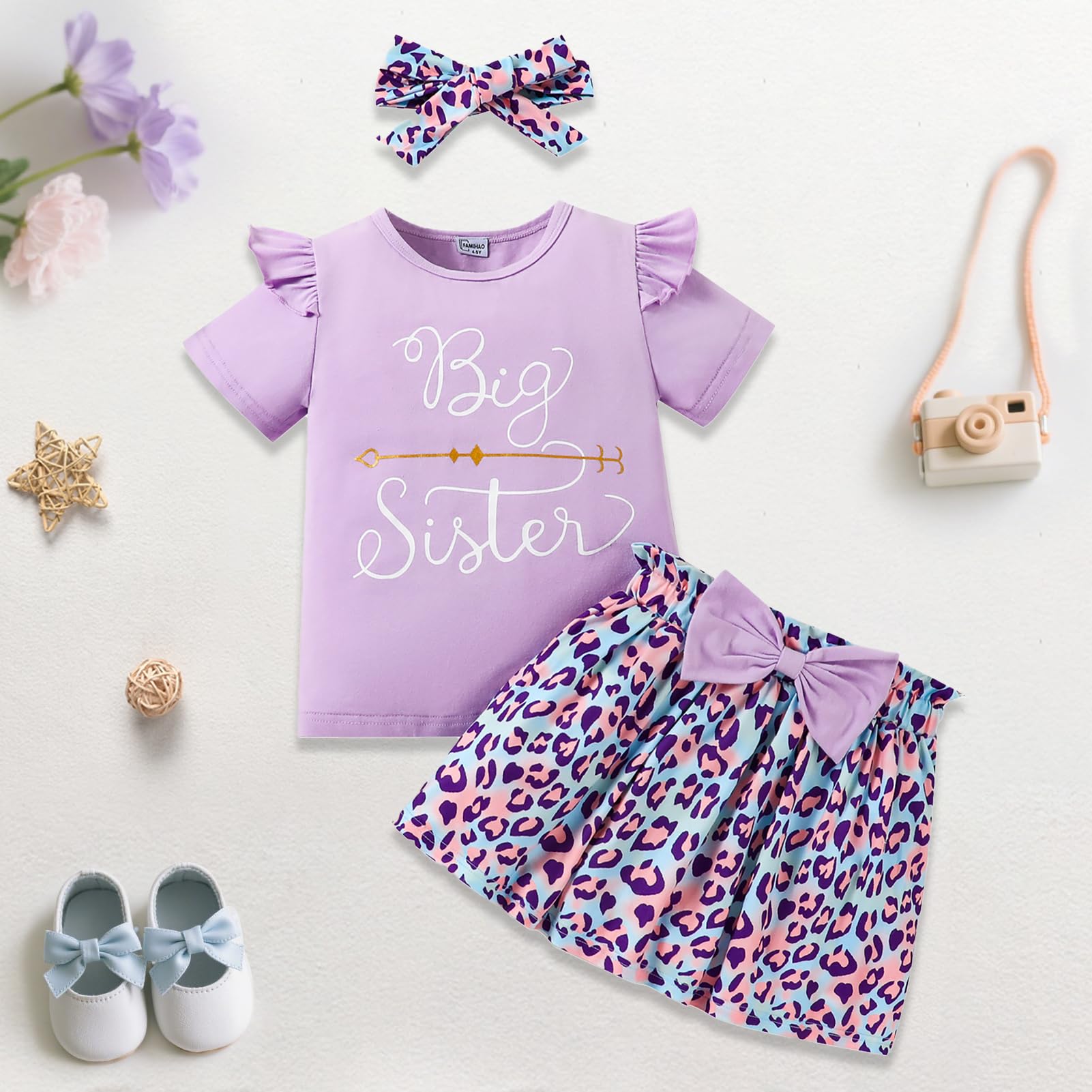 FAMIHAO Big Sister Little Sister Matching Outfits Toddler Girl Clothes Newborn Baby Ruffle Romper Floral Pants/Skirts Headband 3Pcs,5-6Y Purple