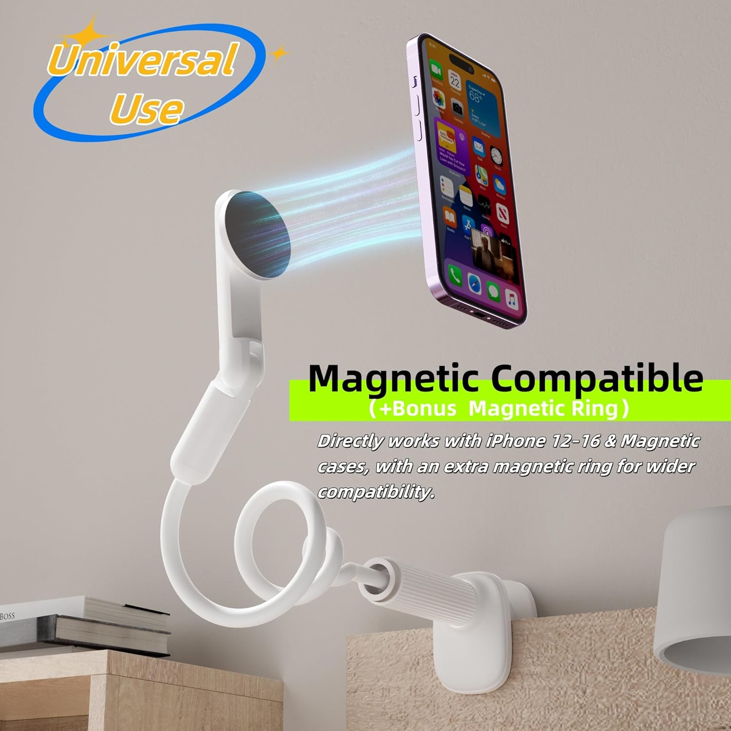 LA-5 90cm/35 Inch Magnetic Phone Holder Gooseneck Arm Mount for Bed & Desk, 360° Rotating Overhead Stand Compatible with iPhone 17/16/15/14 Pro Max, Great for Streaming & Zoom (White)