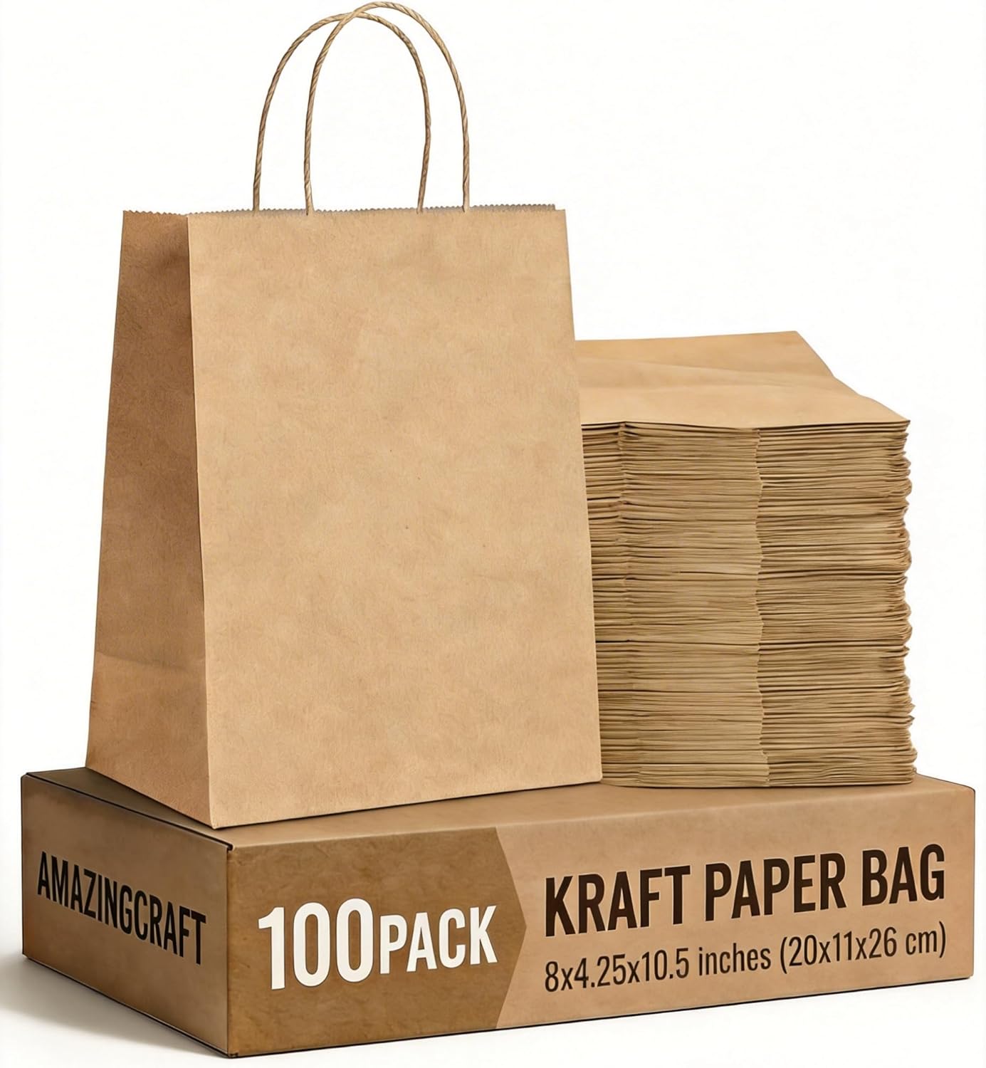 Amazingcraft Gift Bags 8×4.25×10.5 100Pcs Brown Paper Bags with Handles Bulk for Wedding, Party Favor, Grocery, Shopping, Retail, Merchandise Medium Kraft Paper Sacks