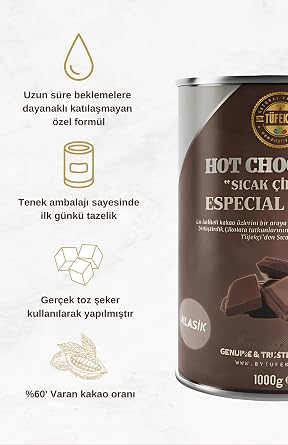 By Tüfekçi Sıcak Çikolata Yüksek Kakao Oranı 1000 Gr Teneke – Yoğun Kakao Lezzeti, Premium Sıcak İçecek Tozu