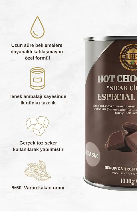 By Tüfekçi Sıcak Çikolata Yüksek Kakao Oranı 1000 Gr Teneke – Yoğun Kakao Lezzeti, Premium Sıcak İçecek Tozu