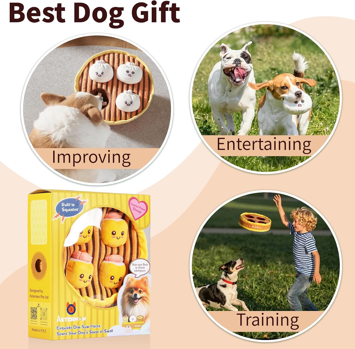 Cute Plush Dog Toys - Dim Sum Steamer Basket Themed Durable Squeaker Chew Toys Set- Hide Treats Puzzle Dog Toy for Small Medium Size Dogs (4 Siu mai)