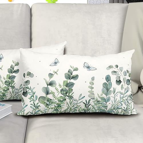 Miniatura 5 de Juego de 2 fundas de almohada lumbares de hojas de eucalipto primaverales de 12 x 20 pulgadas, fundas de almohada lumbares de hojas verdes salvia y