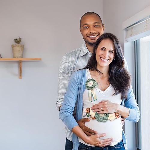 Miniatura 4 de Rosavida Juego de fajas verdes de maternidad para mamá y papá, ramillete de flores, suministros de recuerdo de baby shower, decoraciones de