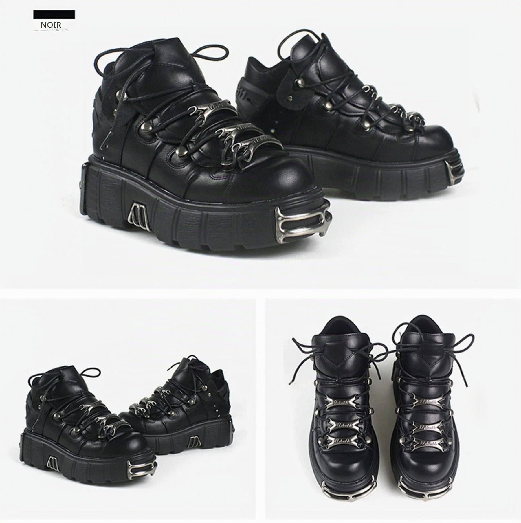 DONLIS Bottes à talons hauts pour femme, chaussures en cuir style rock lourd, bottines à plateforme gothique, bottines à talons épais punk à lacets
