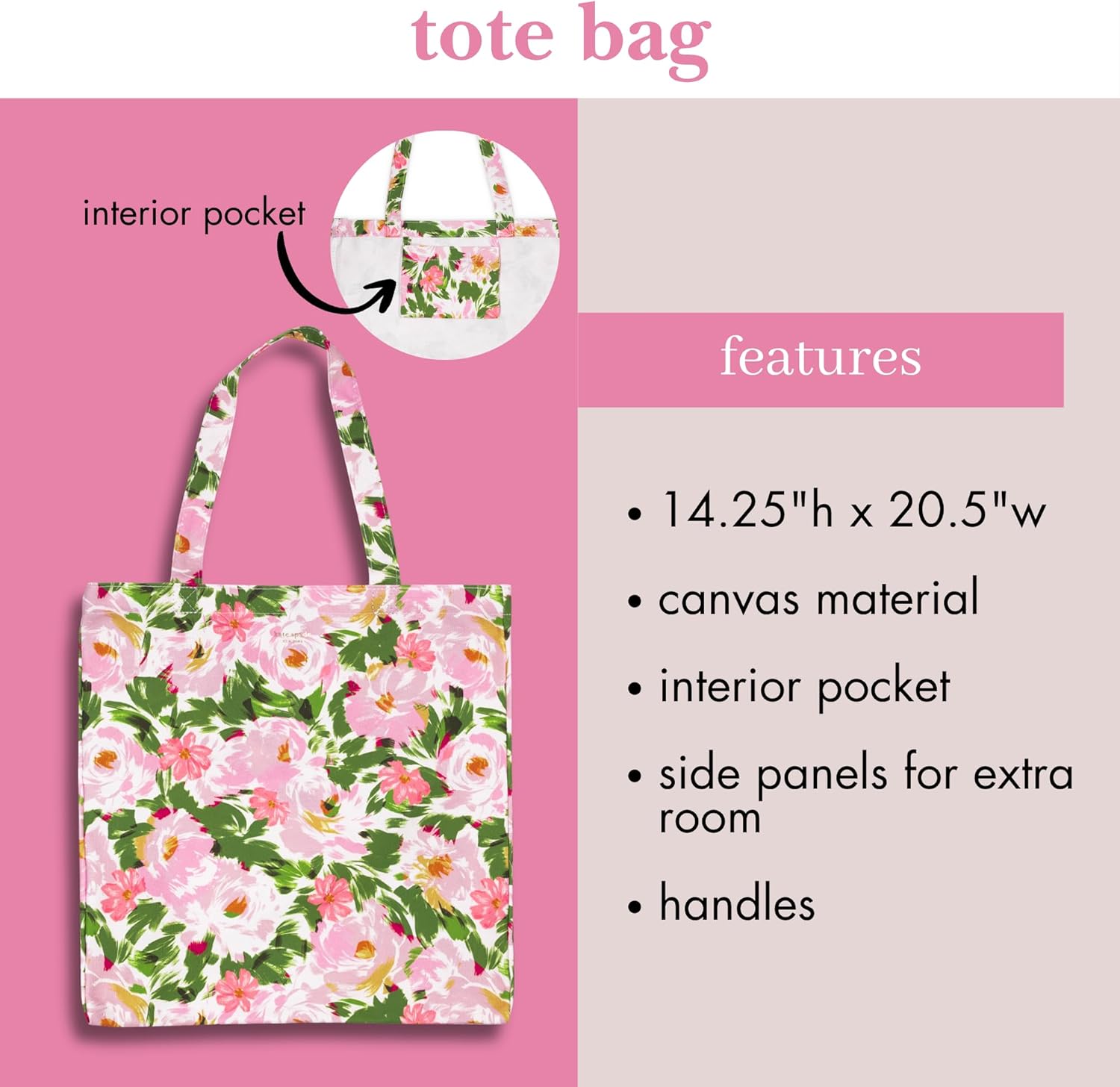 kate spade new york Canvas Tote Bag for Women, Cute Tote Bag for Work or Teacher, Canvas Beach Bag, Book Tote with Pocket