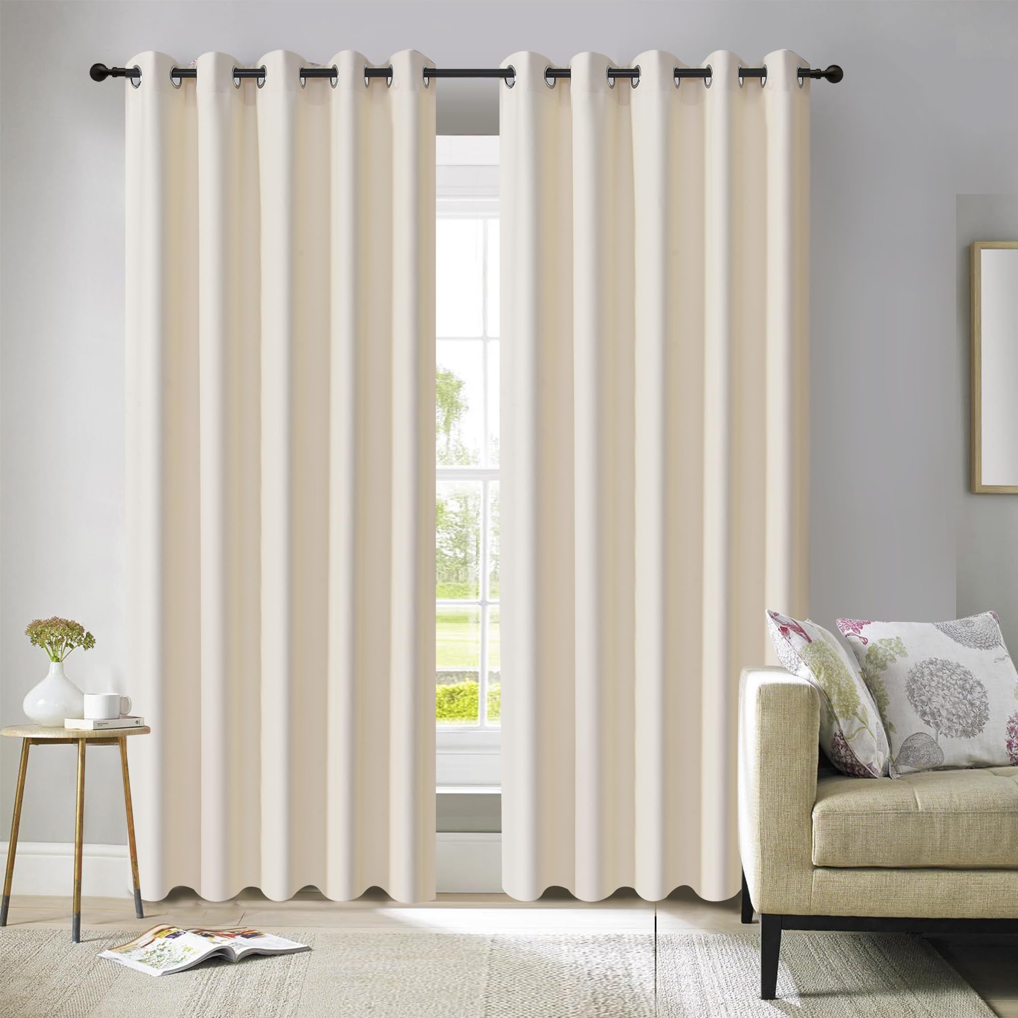 ROOEE Insulated Heavy Thick Thermal Blackout Curtains Eyelet Ring Top Pair โ Ideal for Living Room, Bedroom, Guest Room and Kids Bedroom (Cream, 46" Wide x 72" Drop)